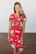 Infatuated By You Floral Cinched Dress- Deep Coral