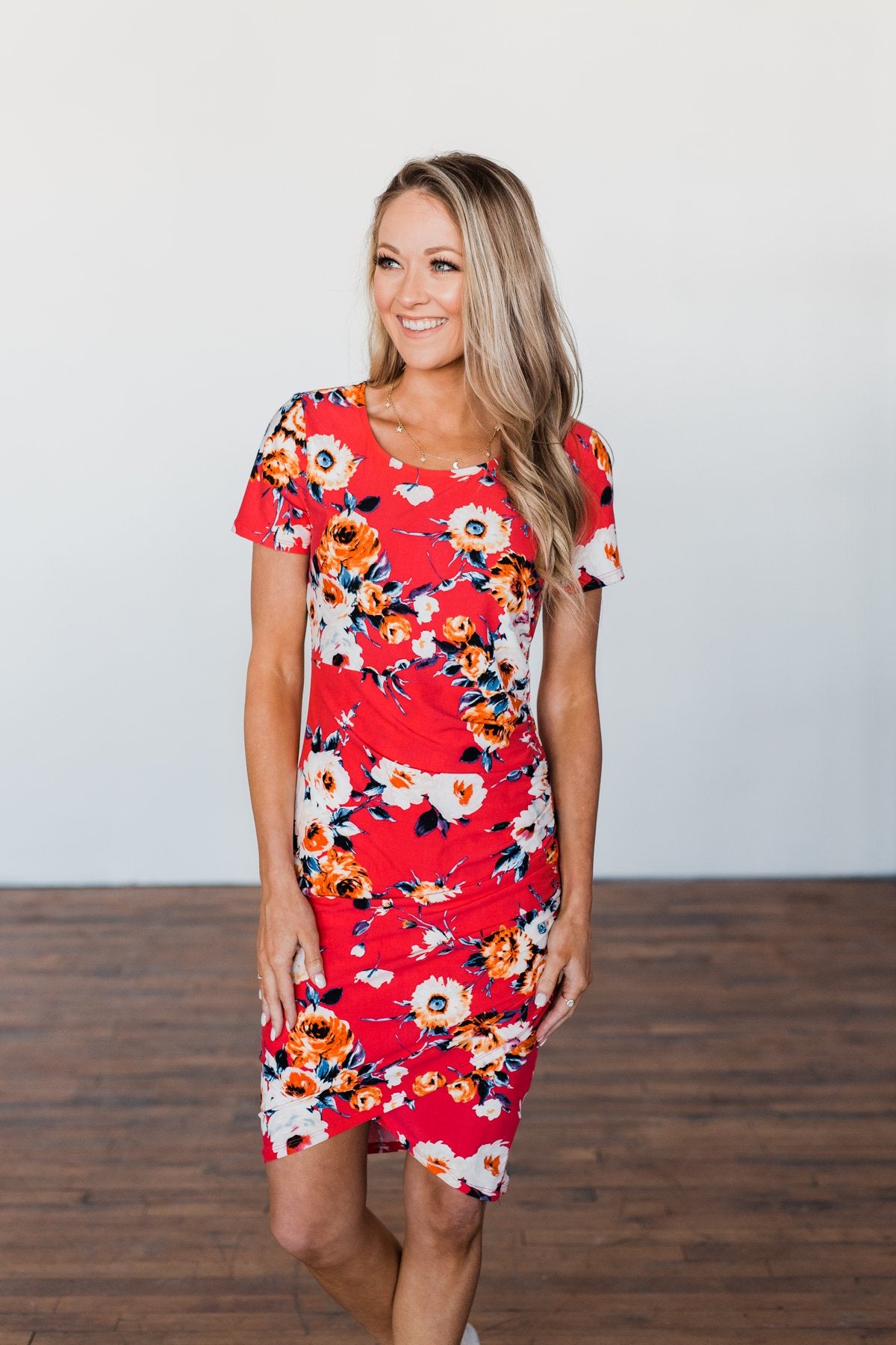 Infatuated By You Floral Cinched Dress- Deep Coral