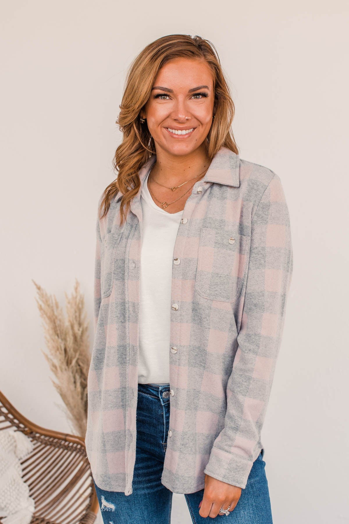 Thread & Supply Free Falling Lightweight Button Down Jacket- Gray & Pink