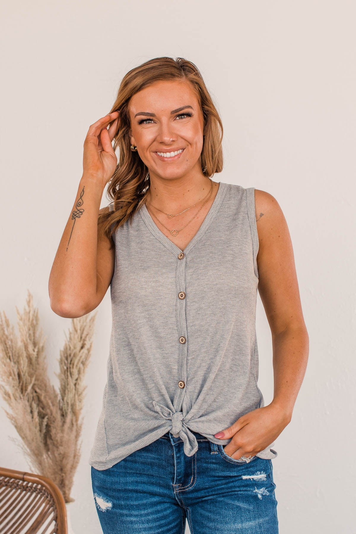 See How I Arrive Button Tank- Gray