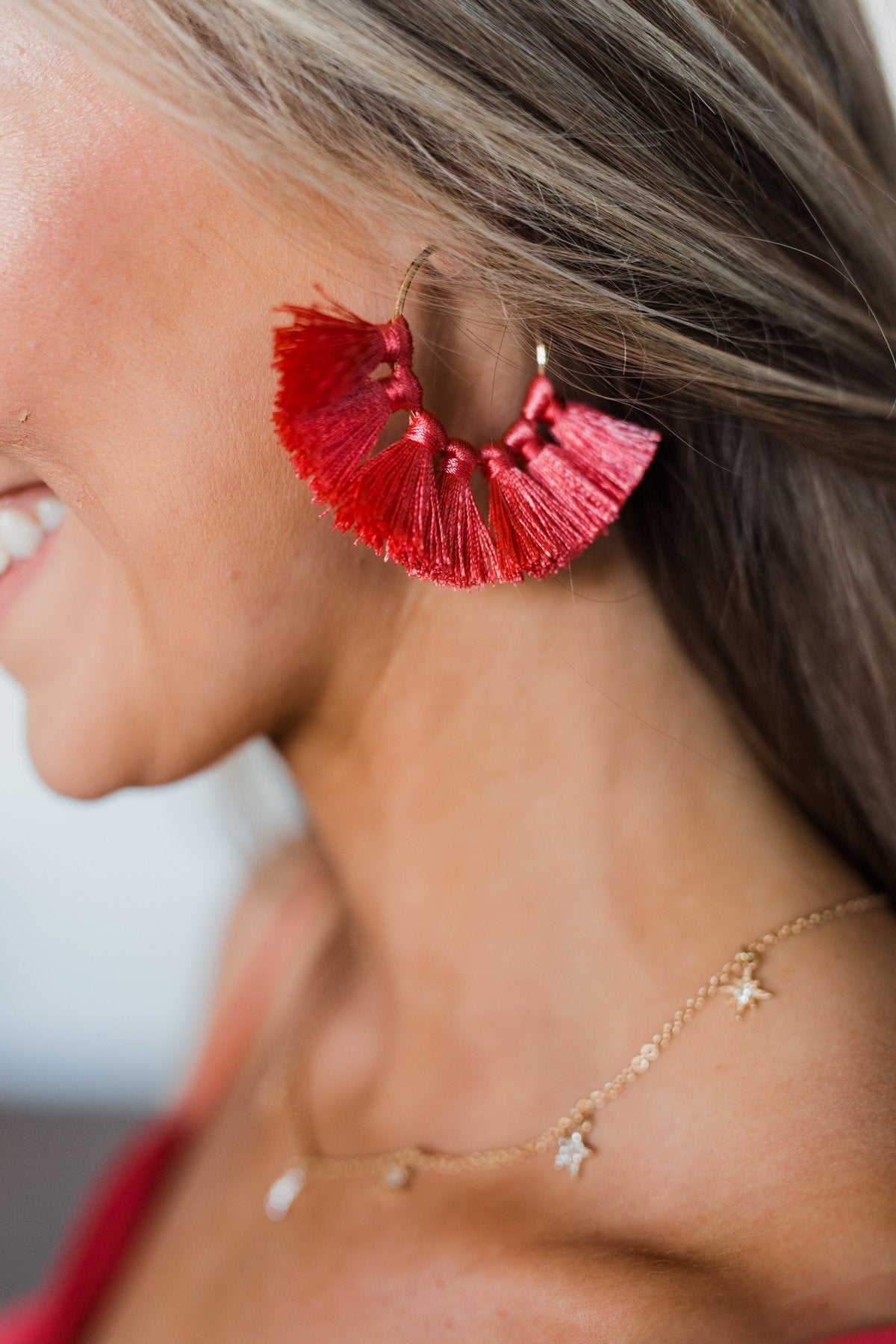 Tassel Gold Hoop Earrings- Dark Coral