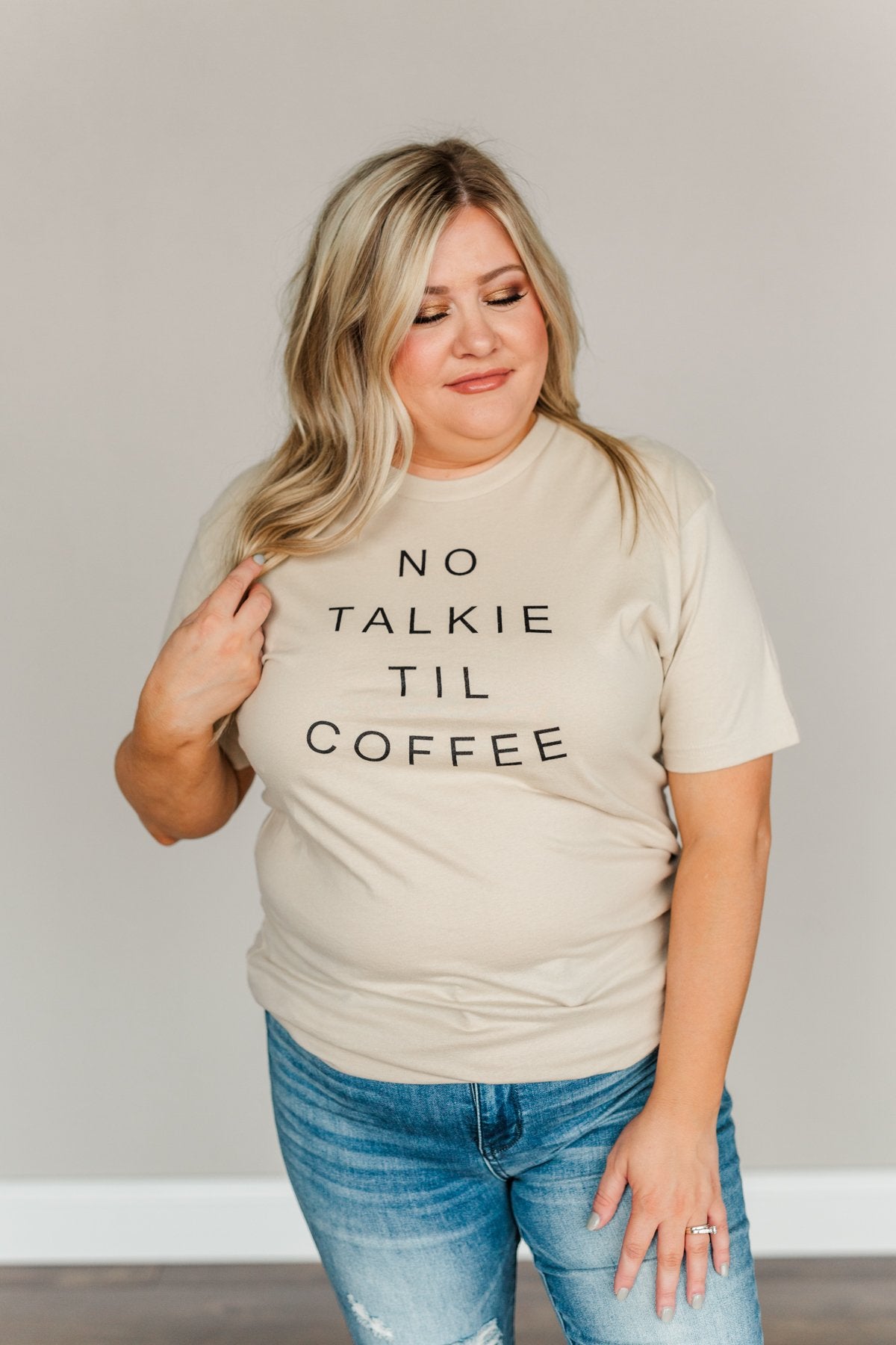 "No Talkie Til Coffee" Graphic Tee- Beige