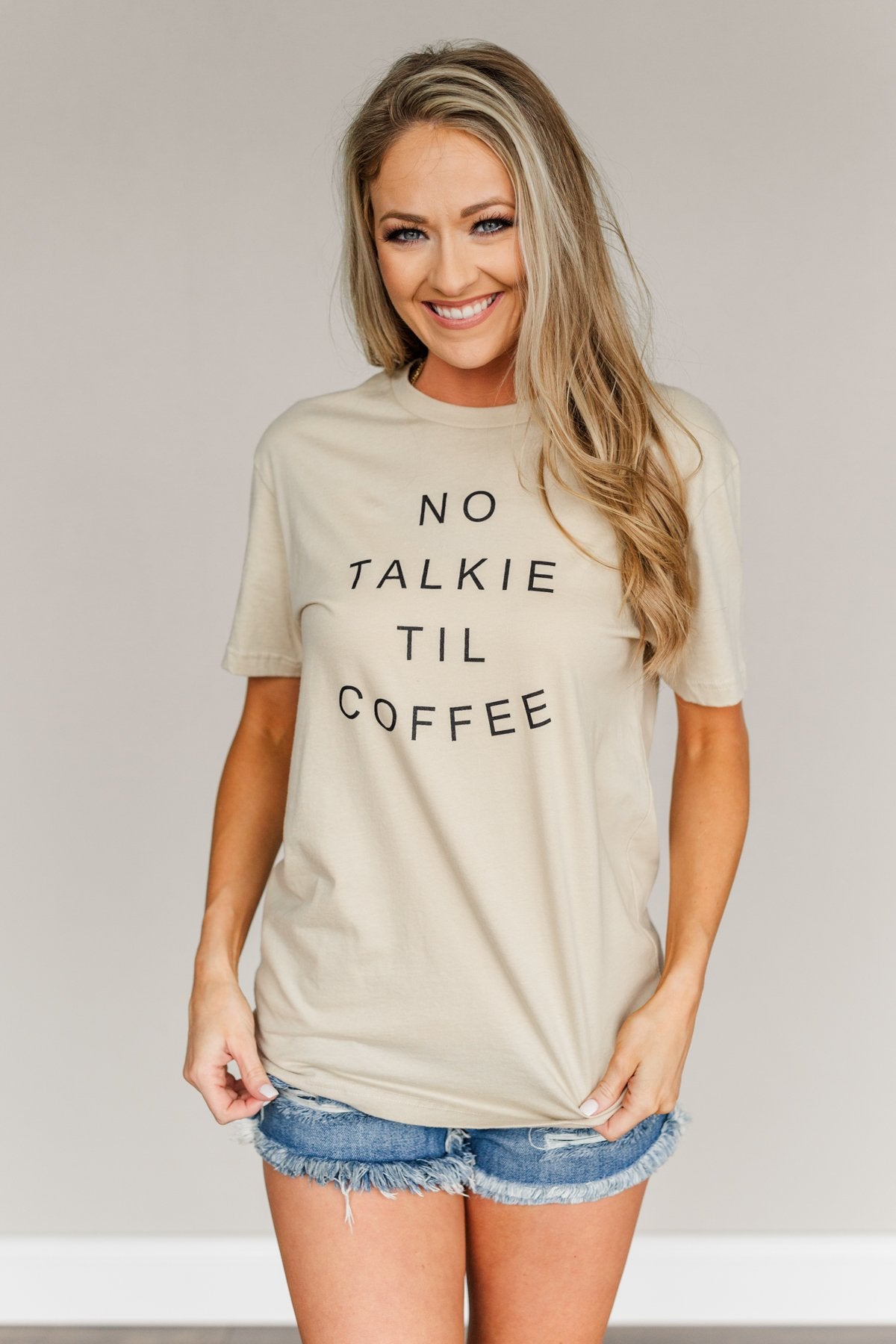 "No Talkie Til Coffee" Graphic Tee- Beige