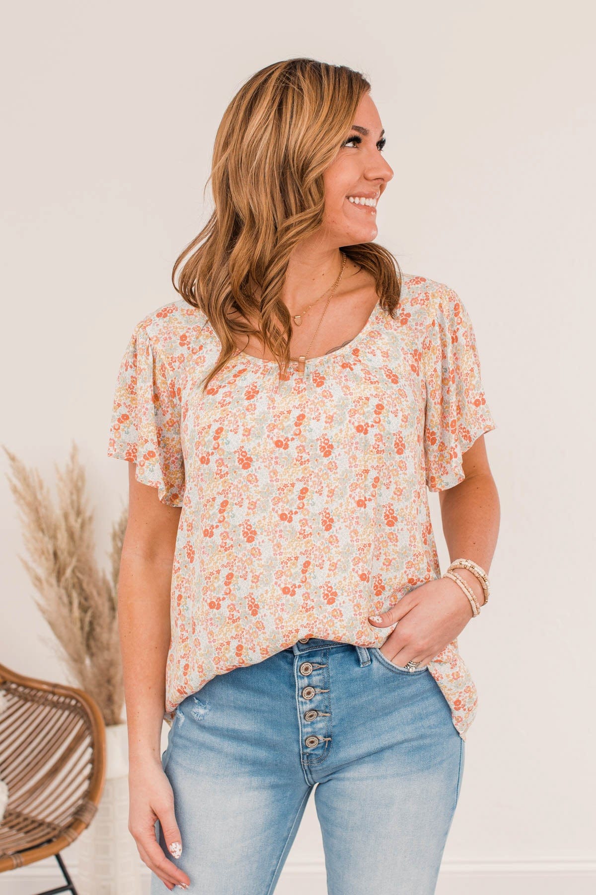 Fluttering Butterflies Floral Top- Coral