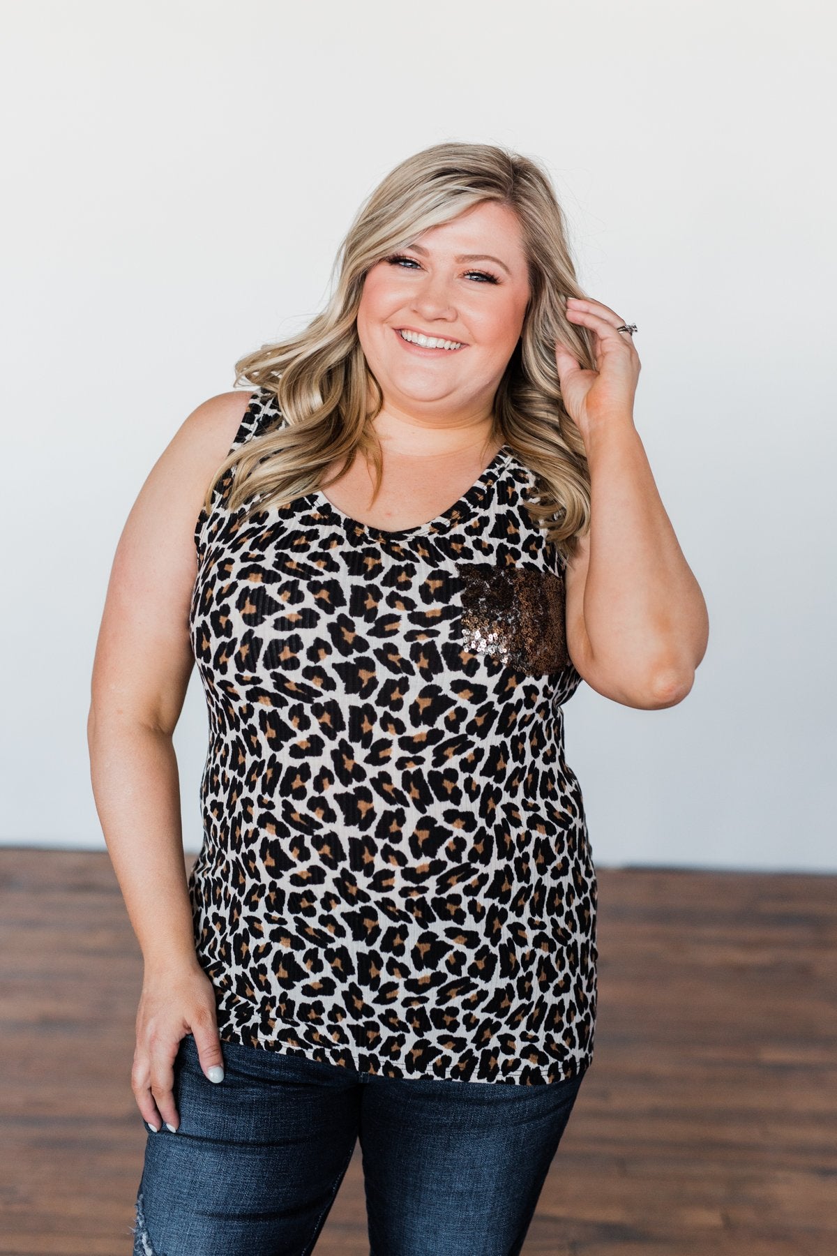 Wildly Glamorous Sequin Pocket Tank Top- Neutral Leopard