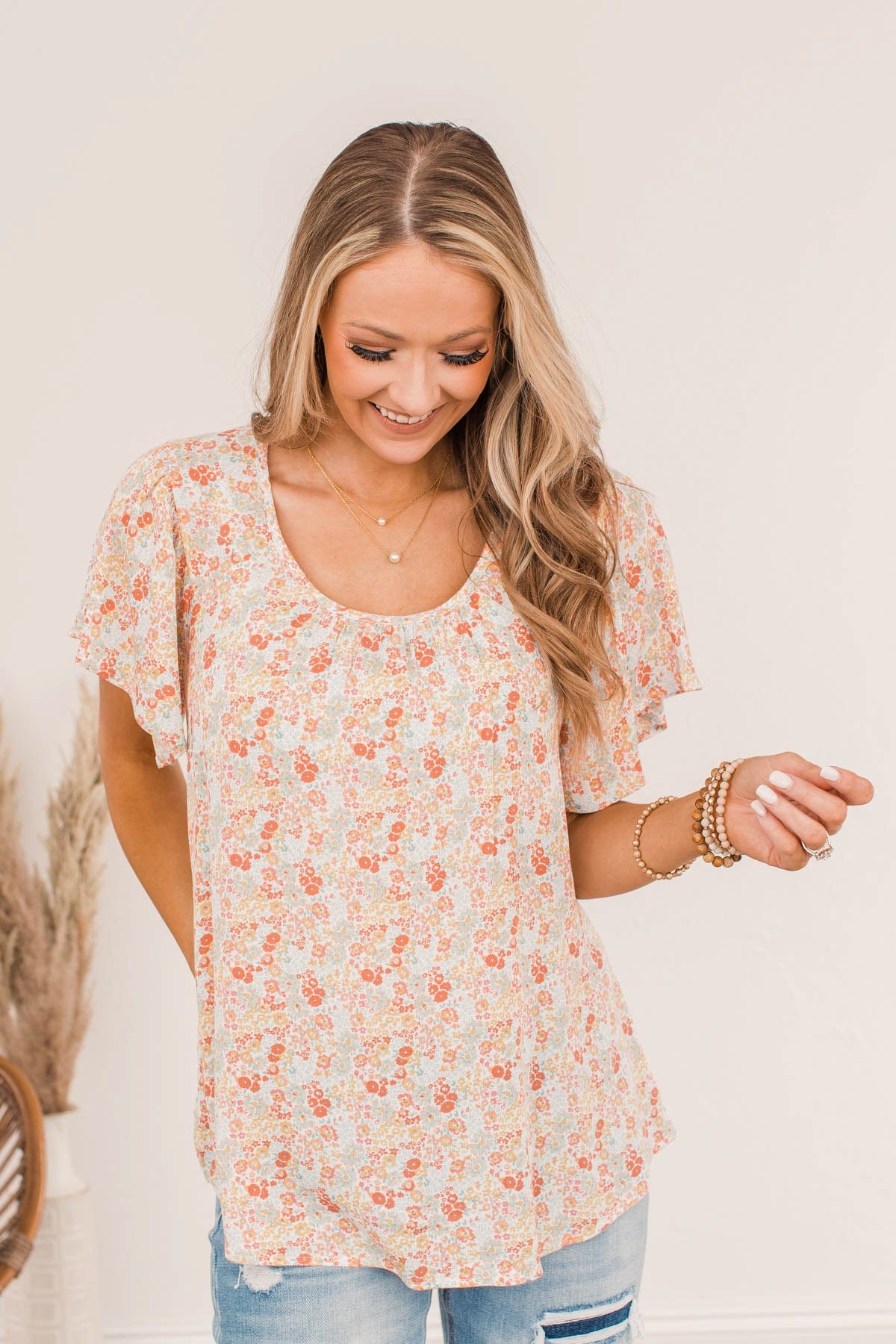 Fluttering Butterflies Floral Top- Coral