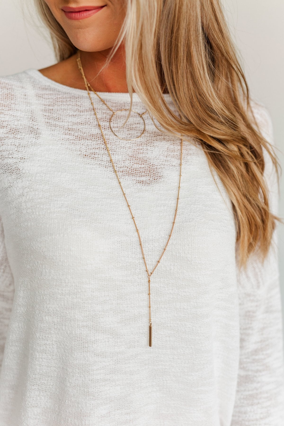 2 Tier Circle & Bar Long Necklace- Gold