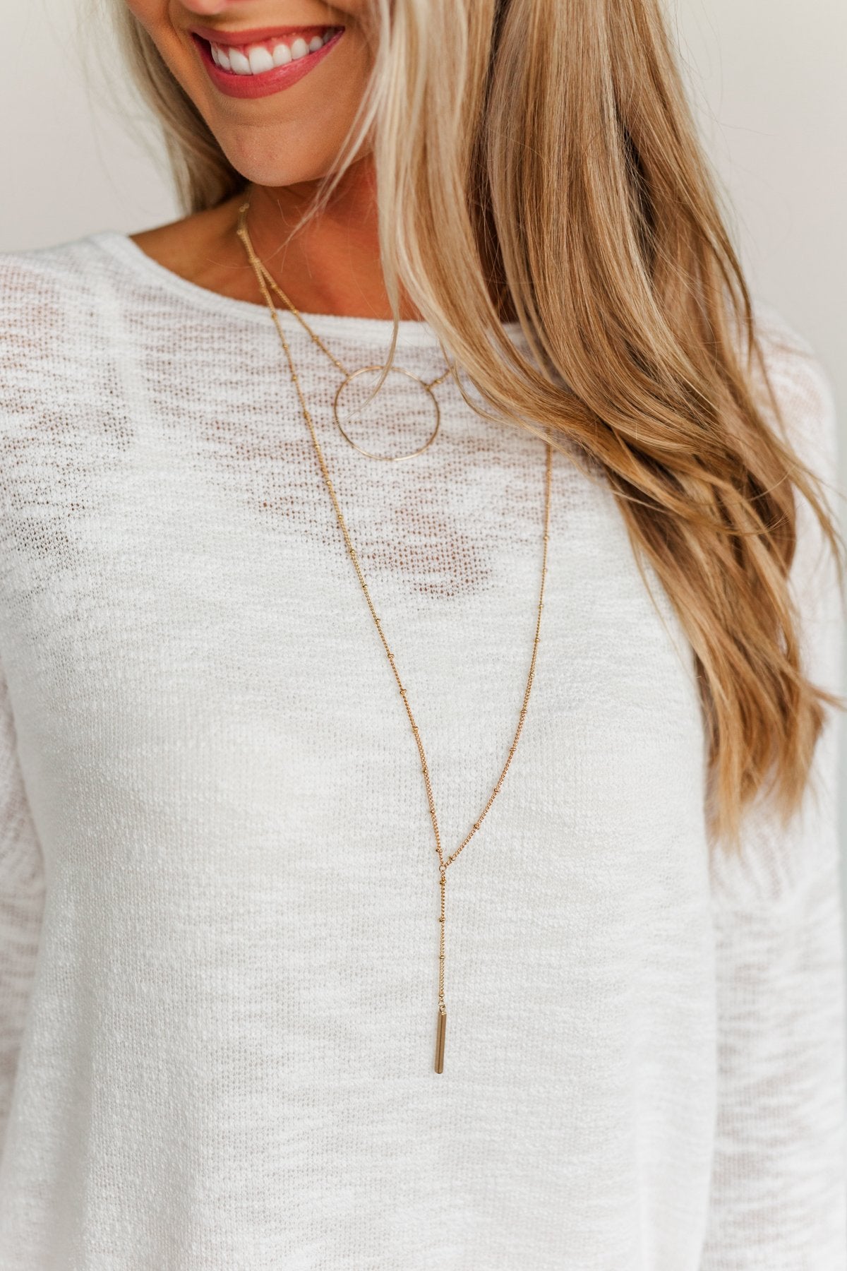 2 Tier Circle & Bar Long Necklace- Gold