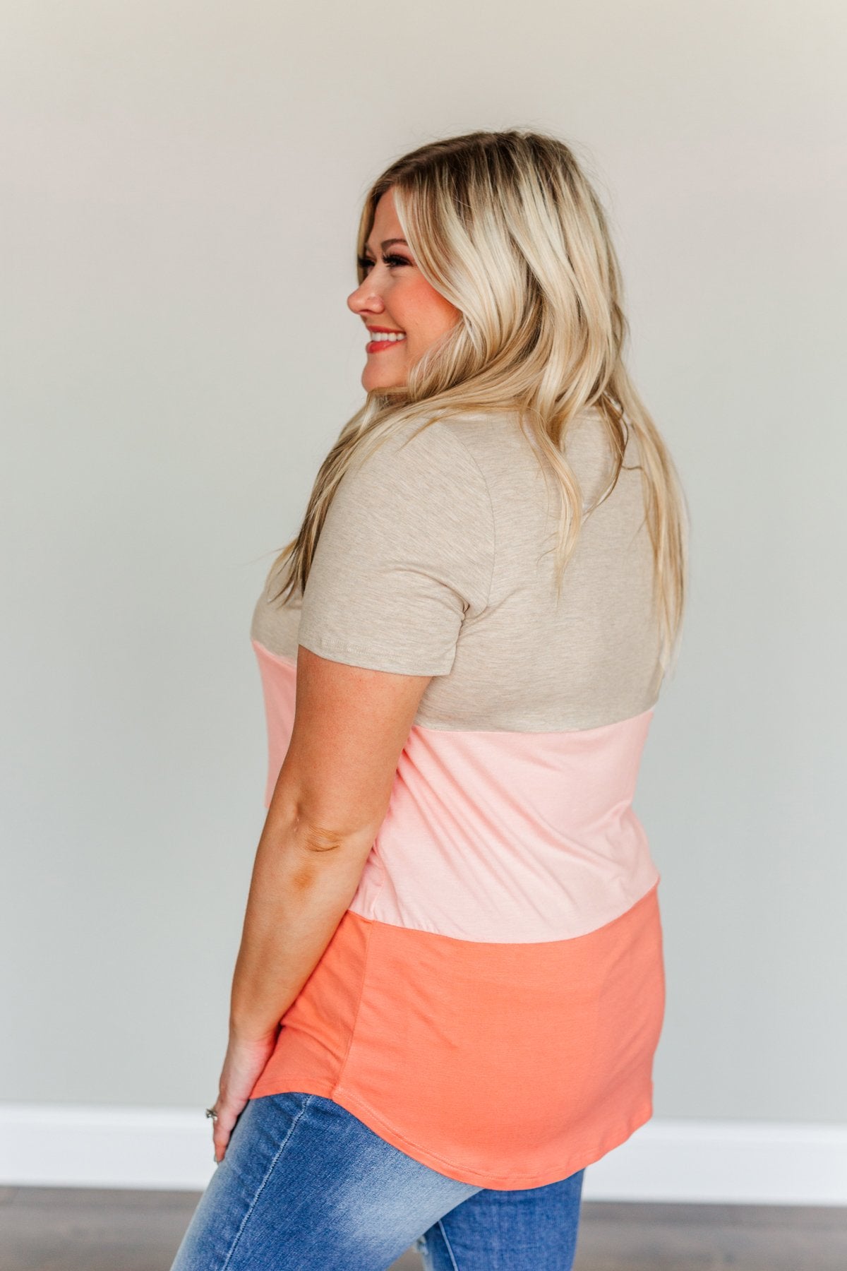 Over The Horizon Color Block Top- Coral, Pink & Oatmeal