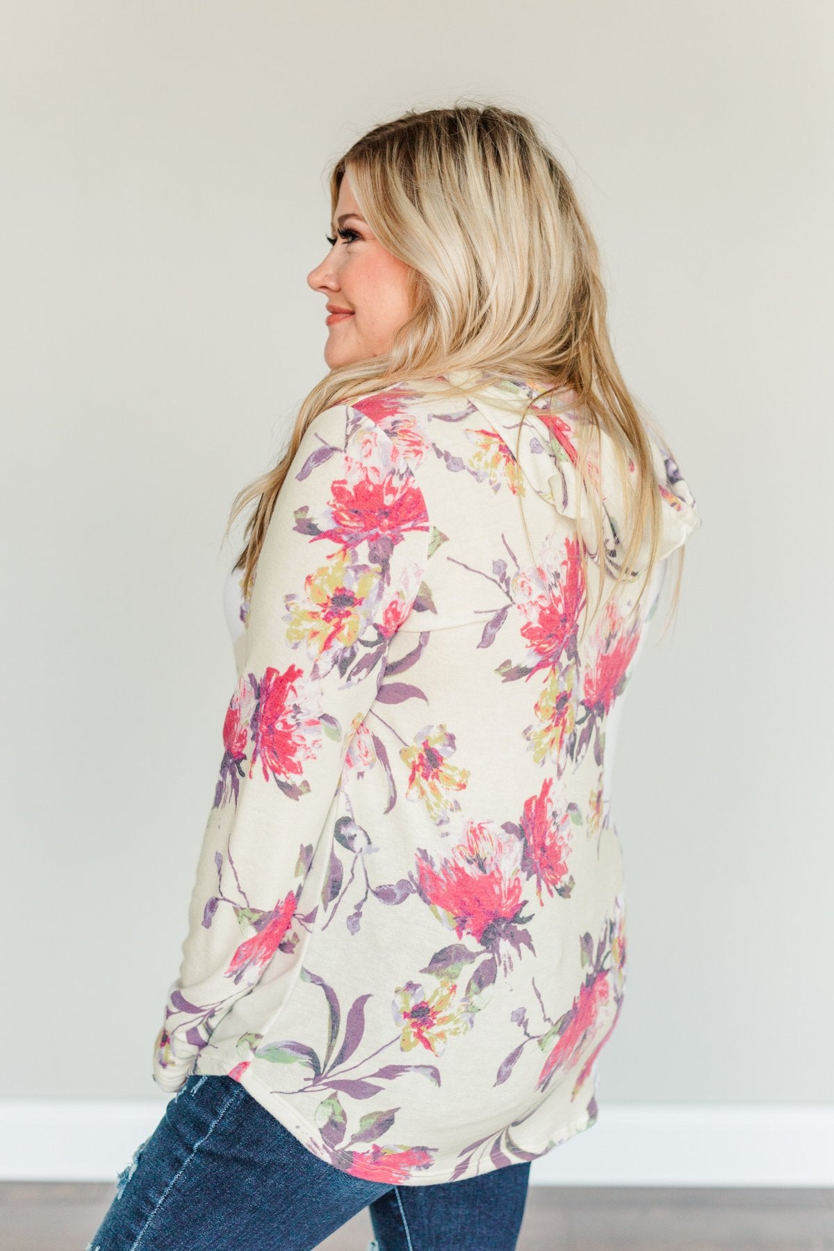 Near & Dear Wishes Floral Drawstring Hoodie- Off-White