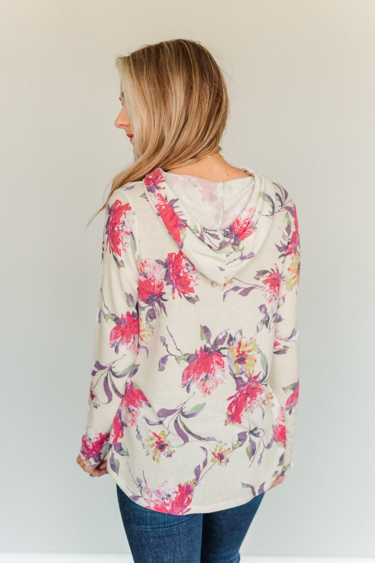 Near & Dear Wishes Floral Drawstring Hoodie- Off-White