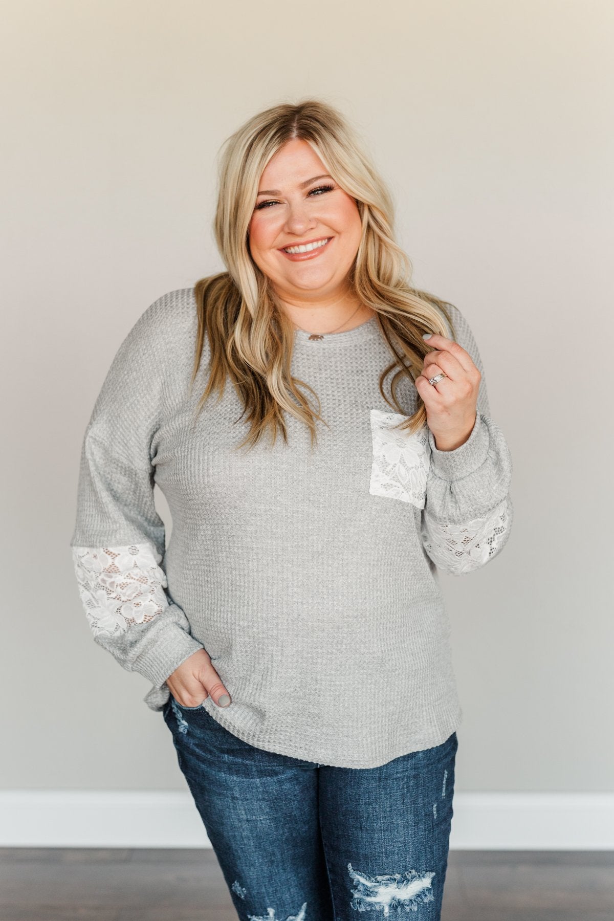 Every Moment Matters Knit Pocket Top- Grey