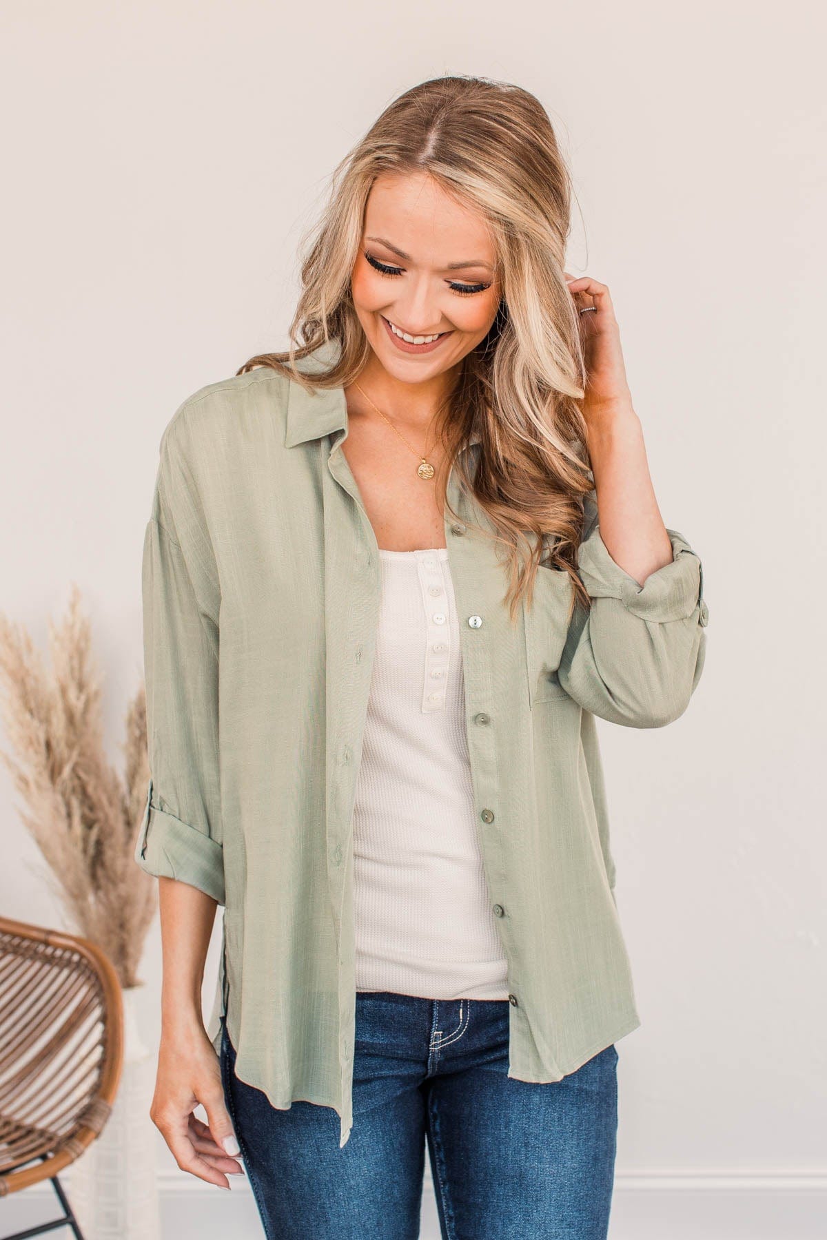 Stay In Touch Button Down Top- Sage