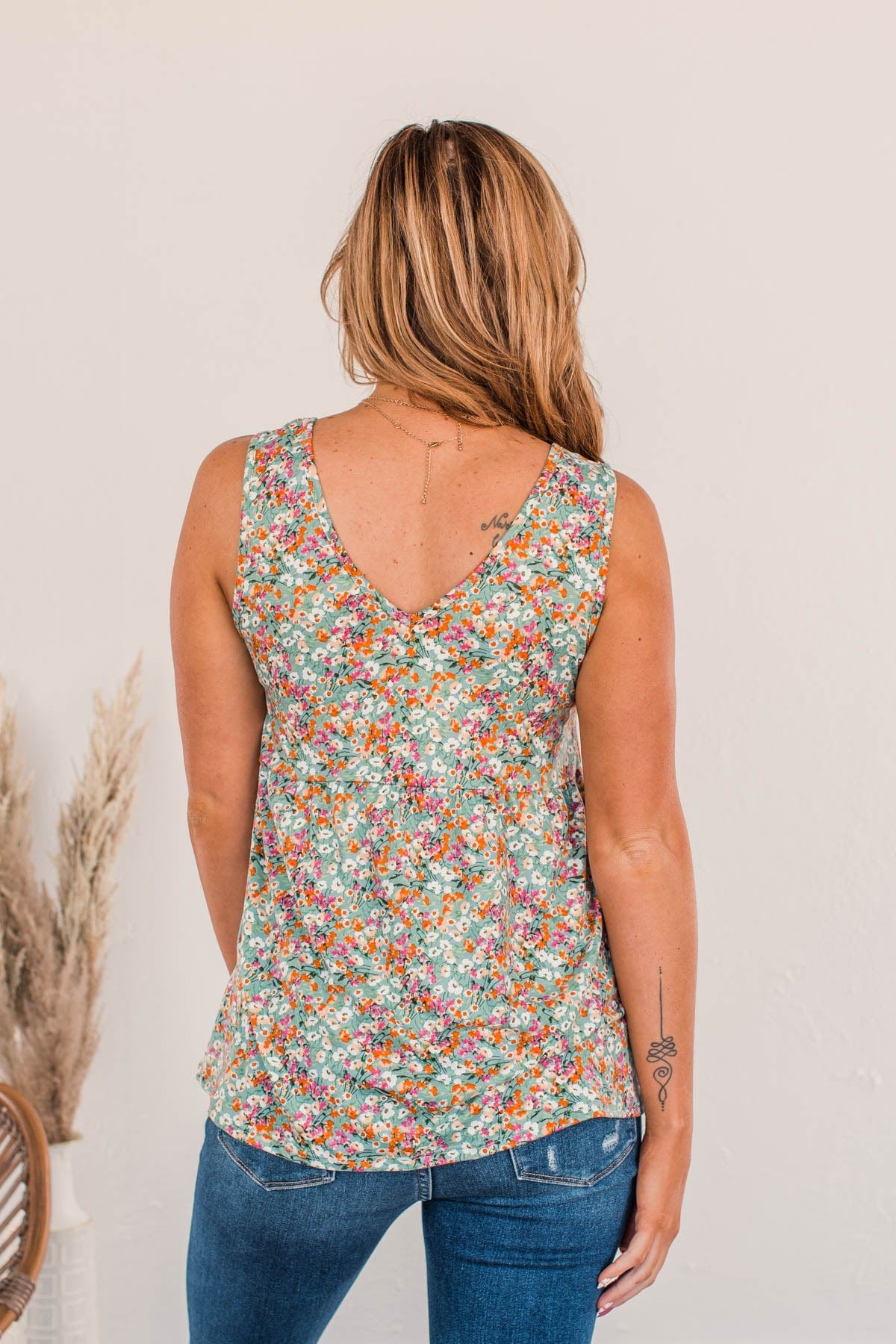 She's A Natural Floral Tank Top- Dusty Teal