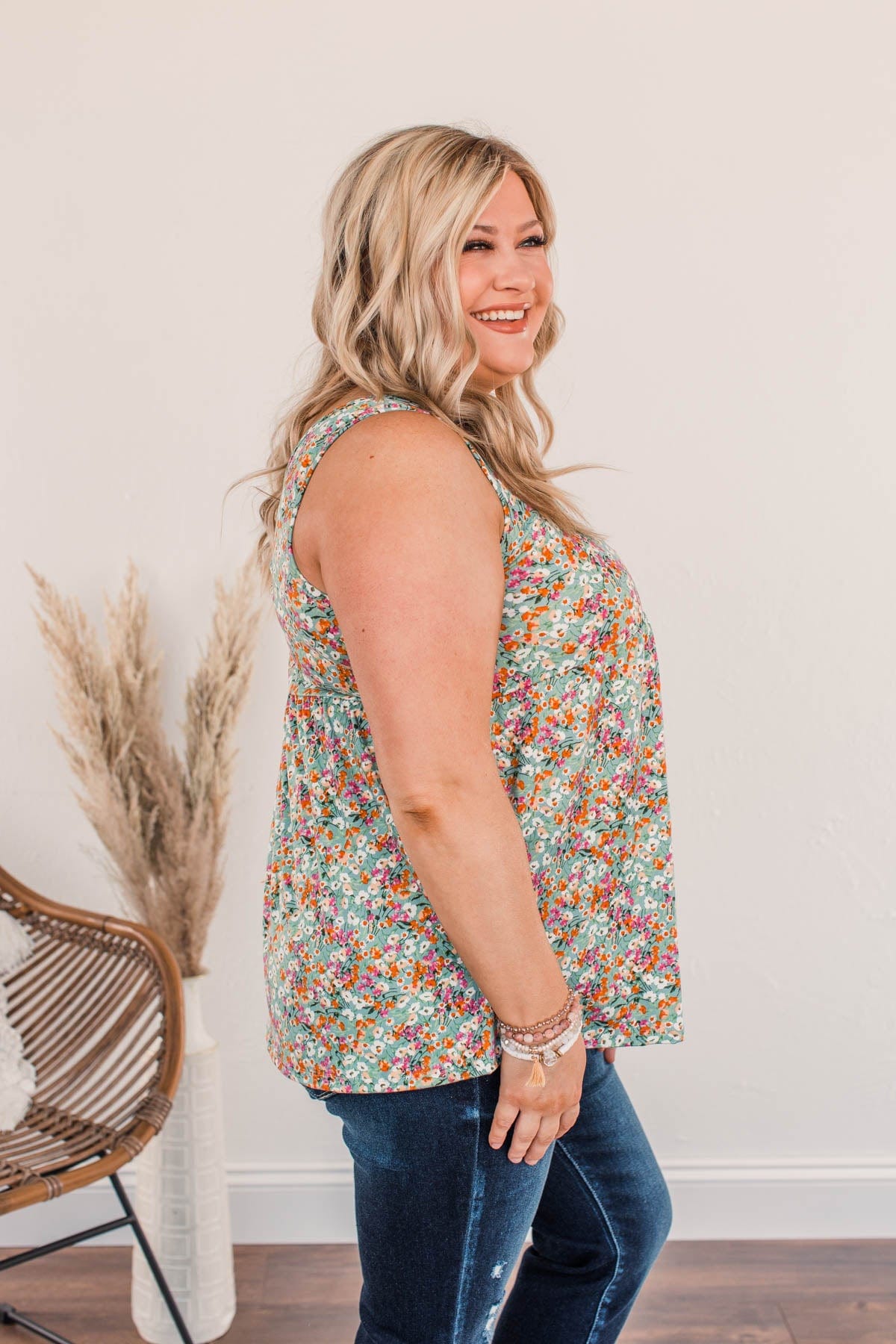 She's A Natural Floral Tank Top- Dusty Teal
