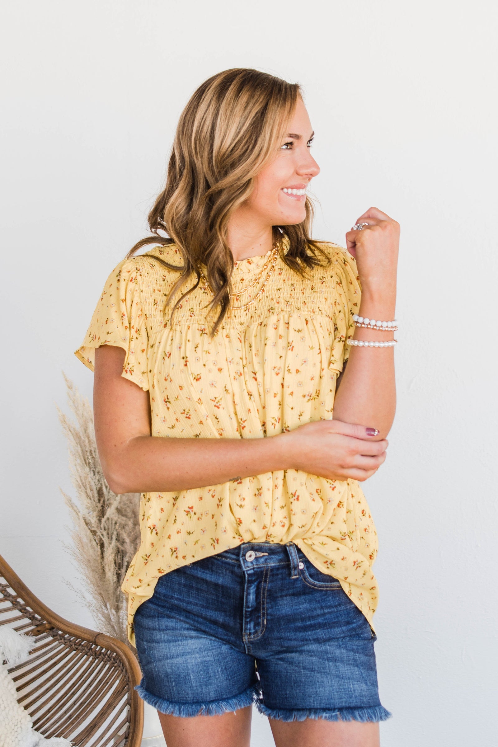 Flower Crown Dreams Smocked Blouse- Pale Yellow