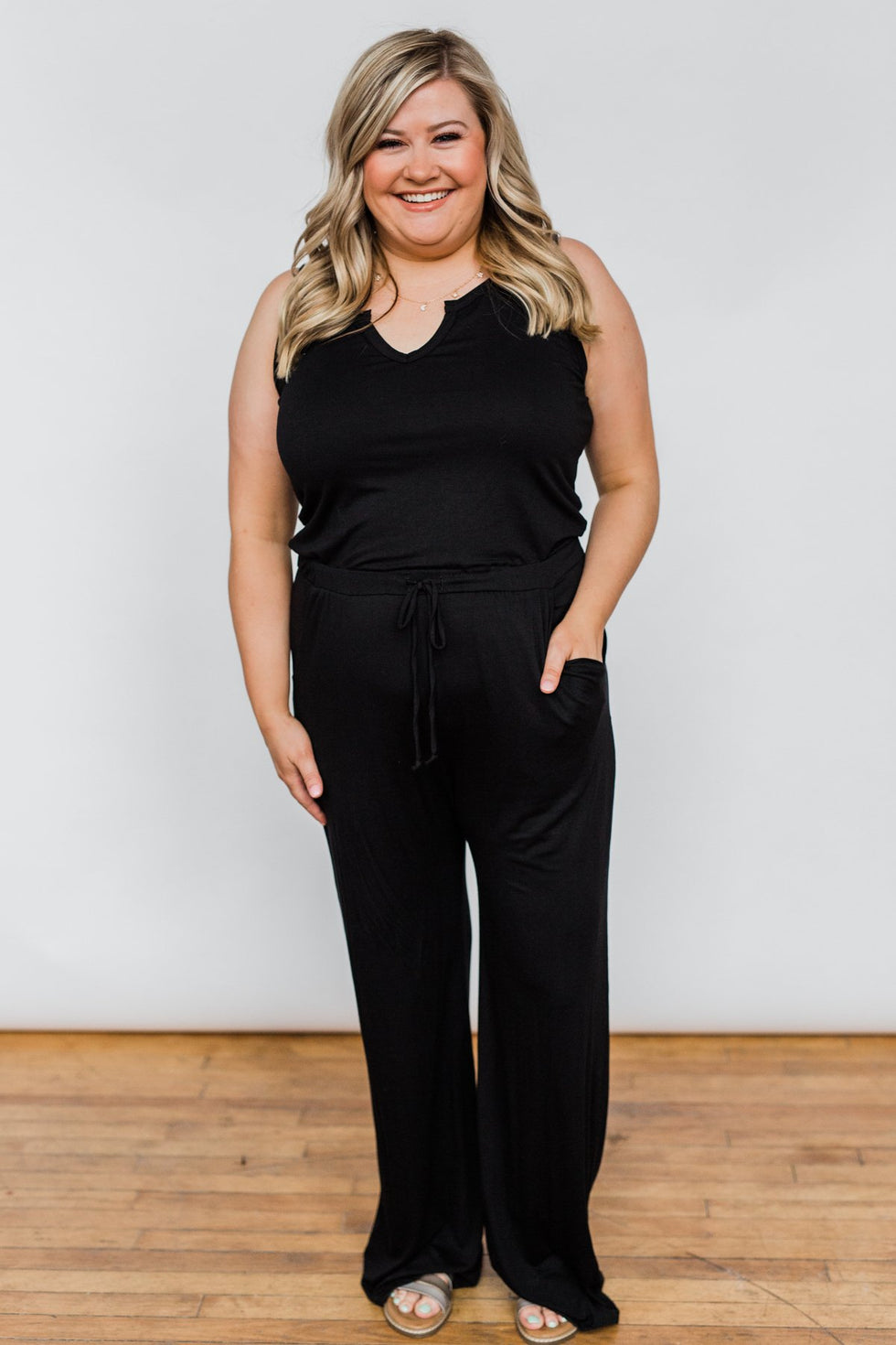 Sleeveless V-Neck Drawstring Jumpsuit- Black – The Pulse Boutique
