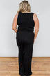 Sleeveless V-Neck Drawstring Jumpsuit- Black