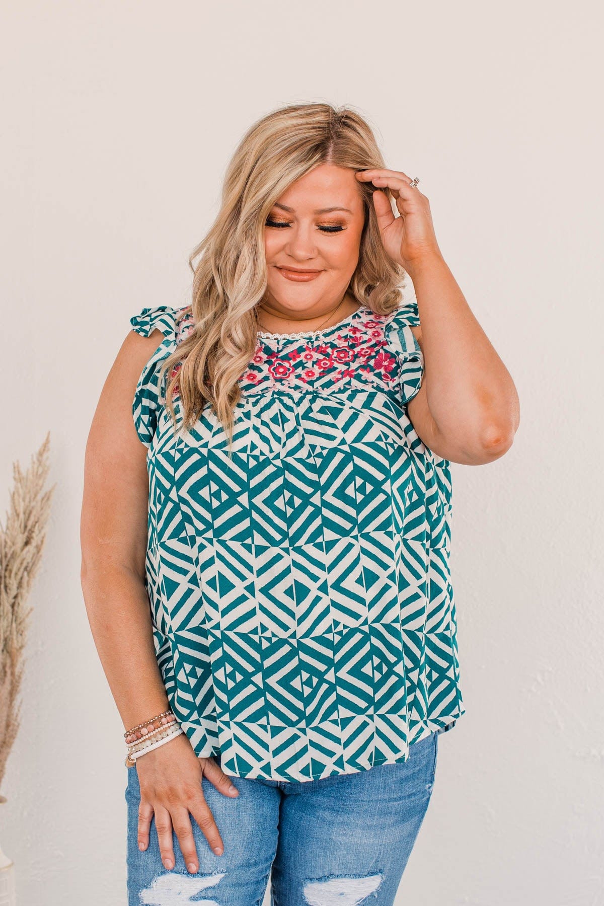 Shatter Expectations Ruffle Sleeve Blouse- Teal