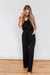 Sleeveless V-Neck Drawstring Jumpsuit- Black