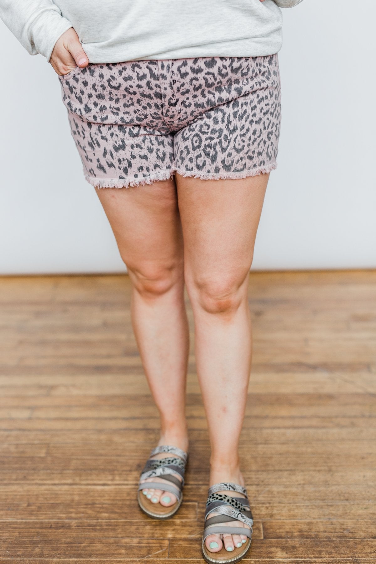 KanCan Frayed Hem Shorts- Blush Leopard Wash