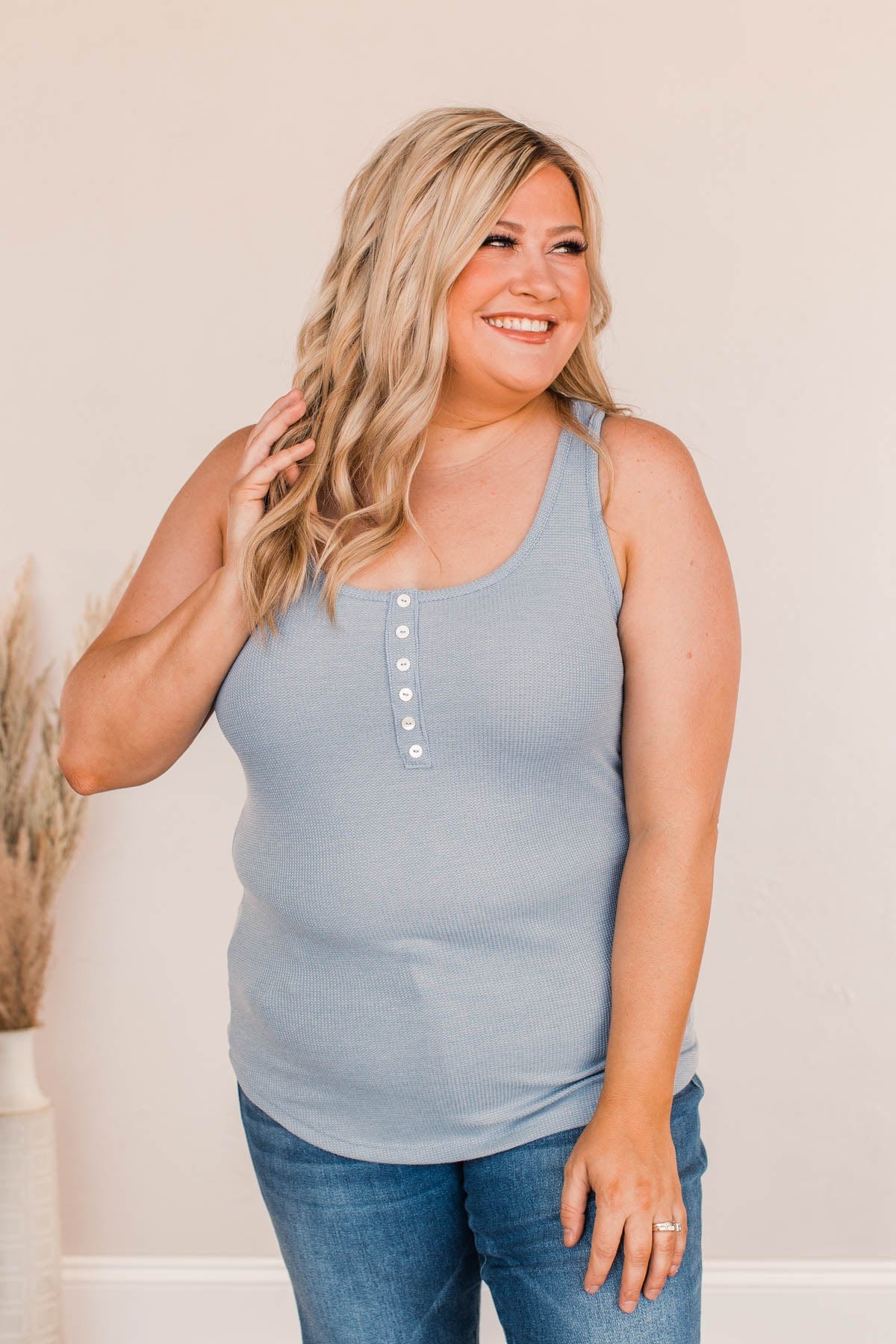 Tight Knit Love Button Tank- Dusty Blue