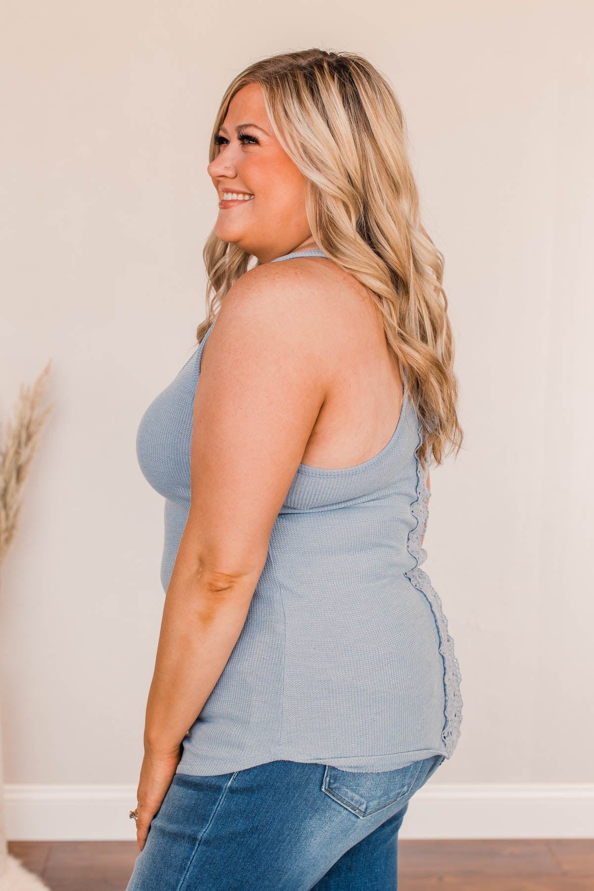 Tight Knit Love Button Tank- Dusty Blue