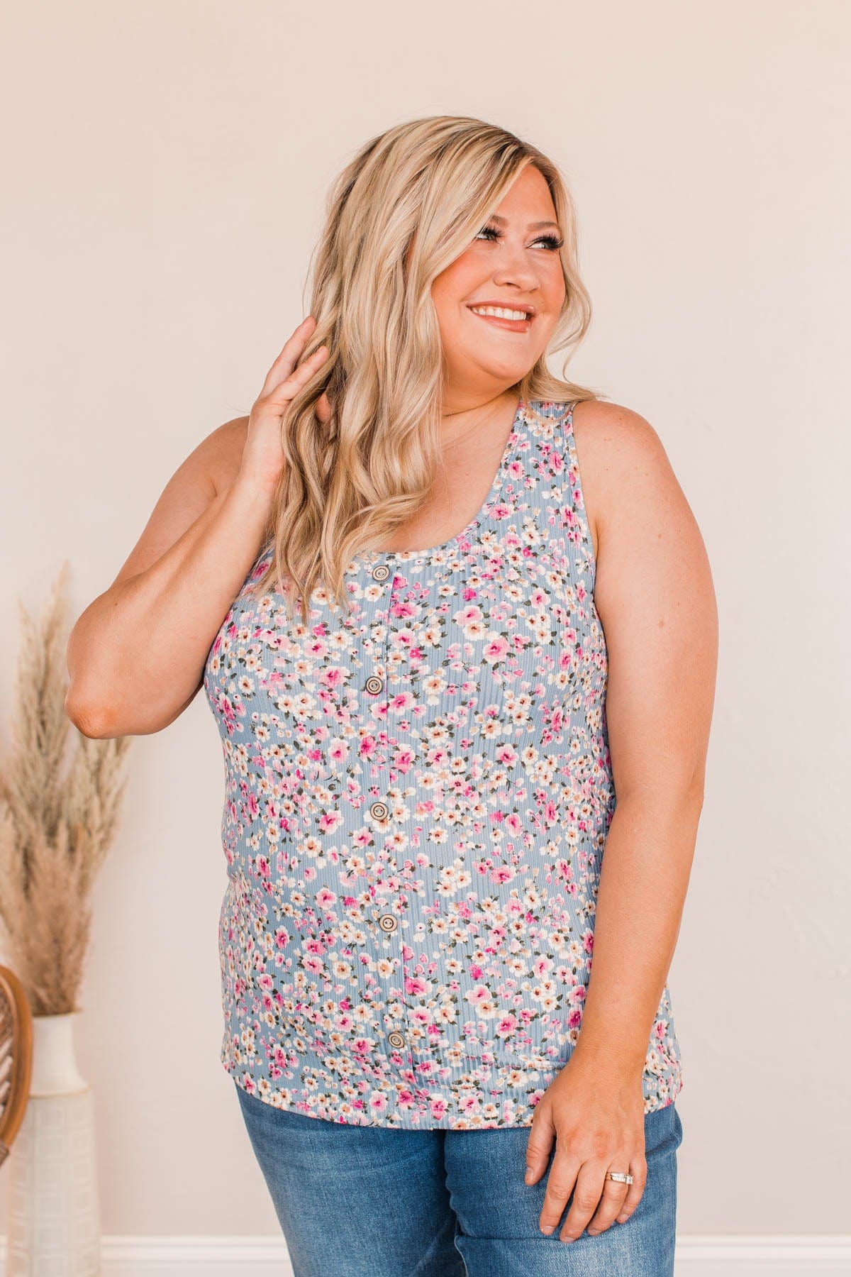 Pleasant Poppy Floral Tank- Denim Blue