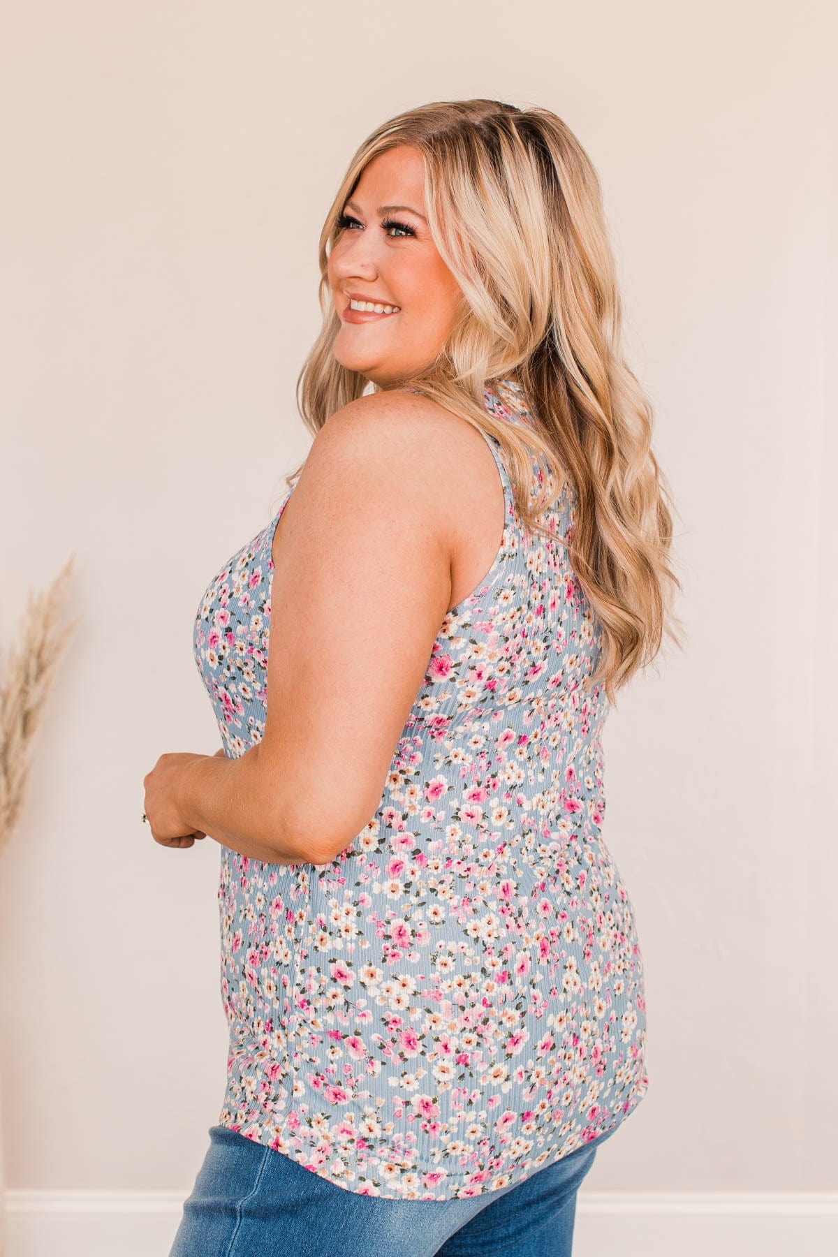 Pleasant Poppy Floral Tank- Denim Blue