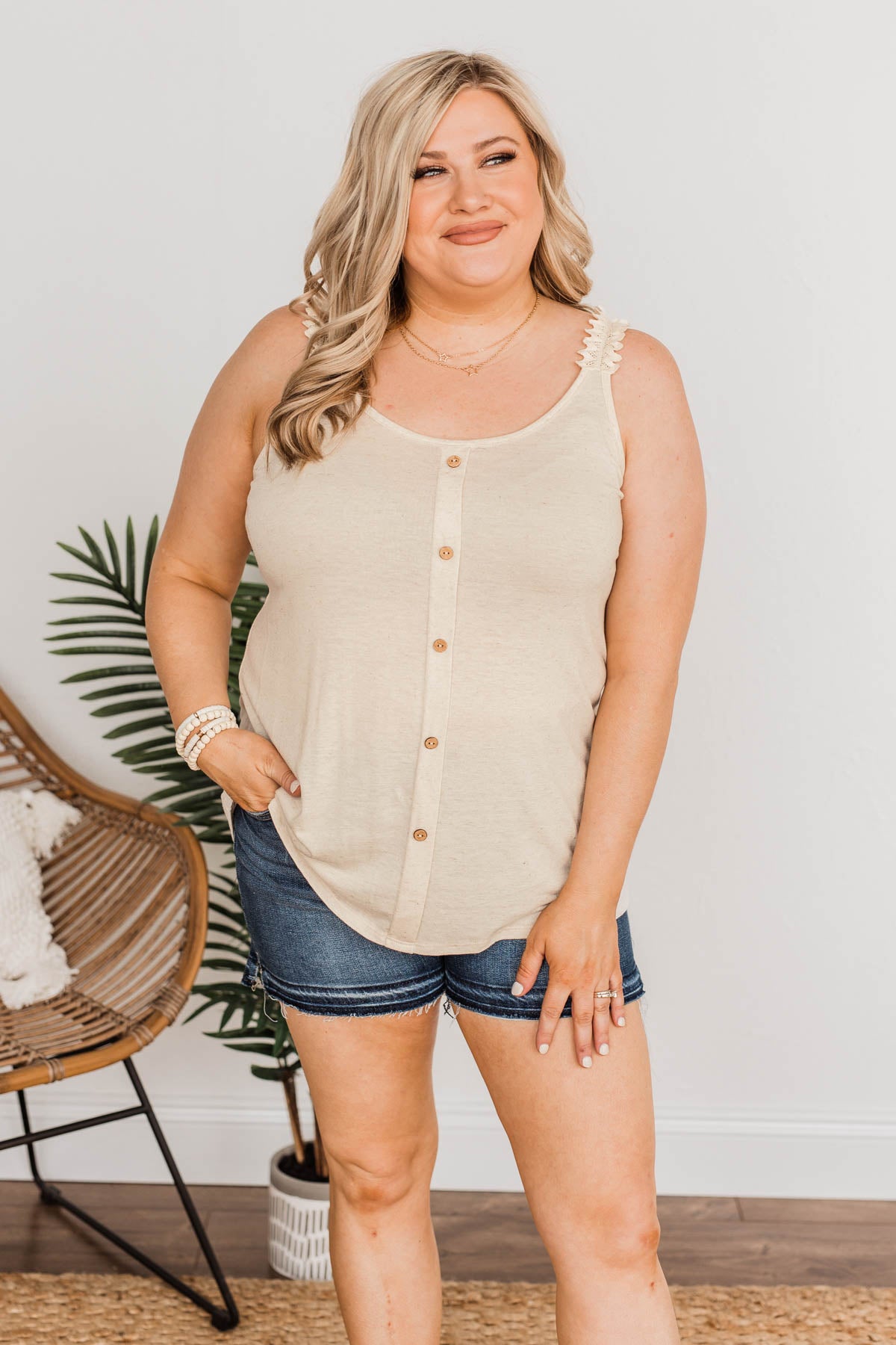 Under The Palm Trees Button Tank- Oatmeal