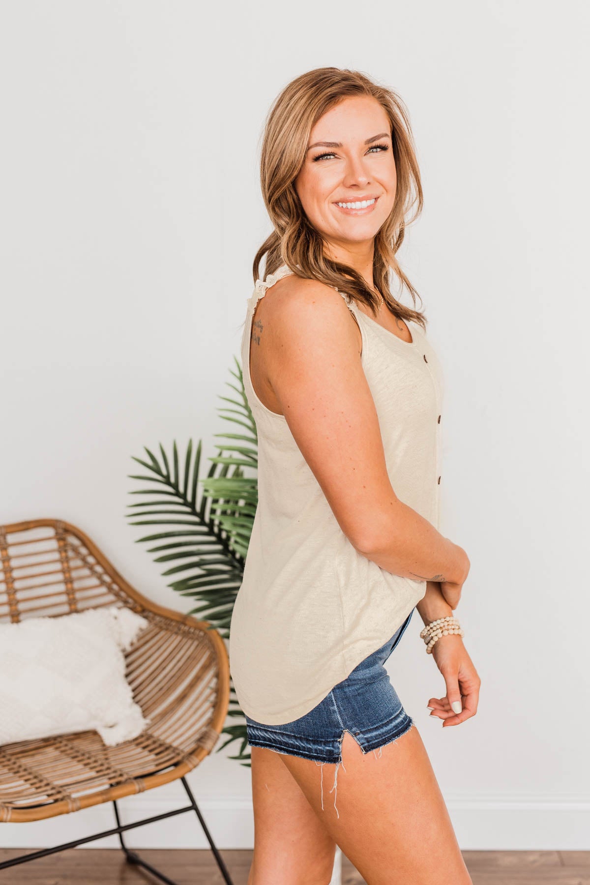 Under The Palm Trees Button Tank- Oatmeal