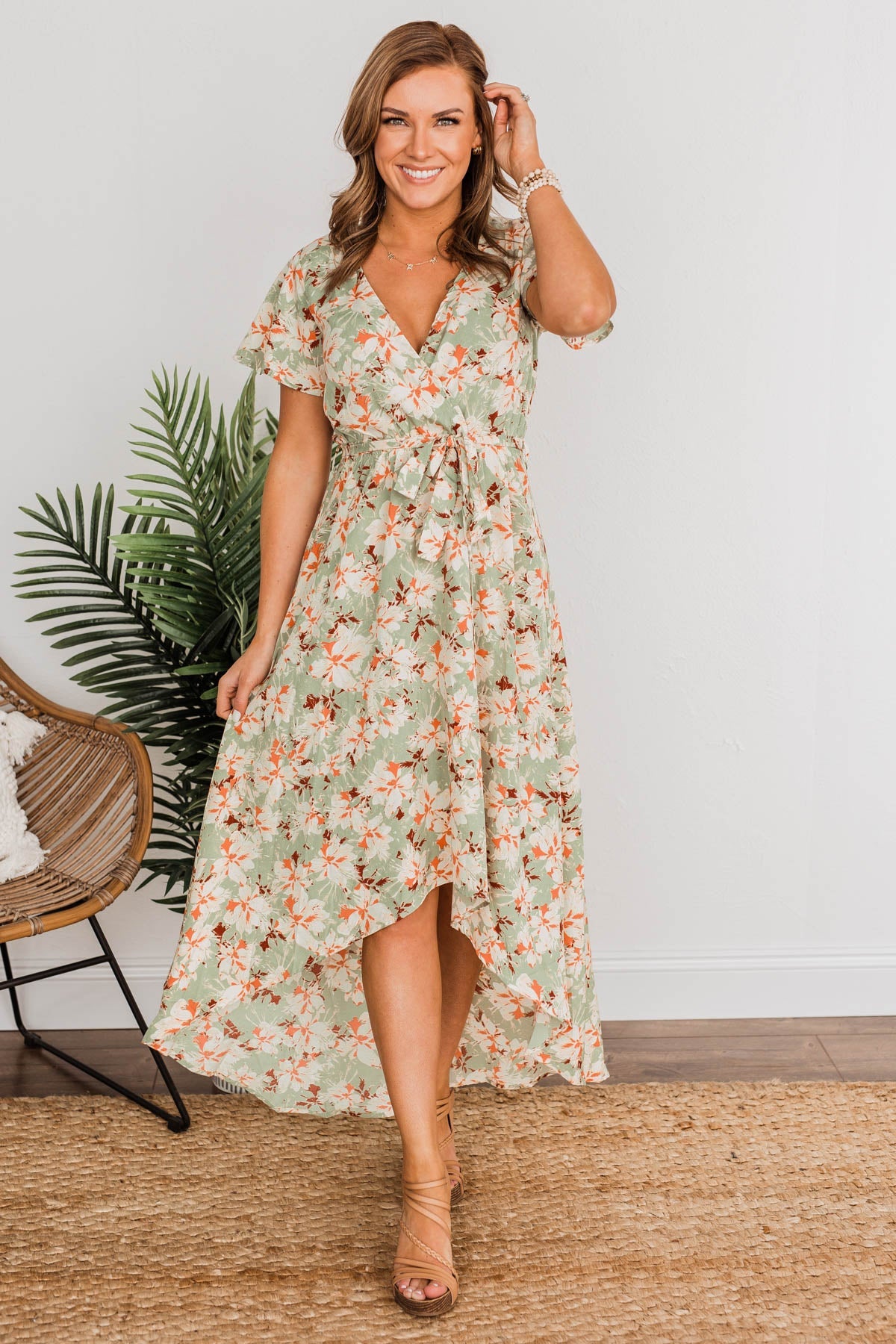 Vintage Vacation High Low Dress- Sage & Cream