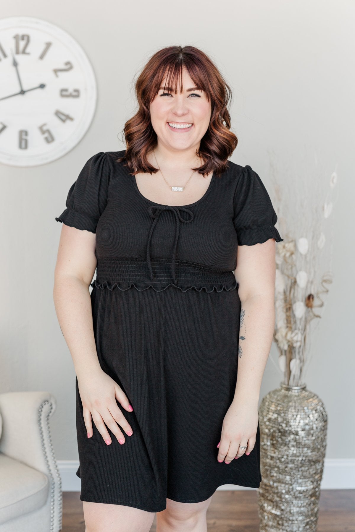 Sincere Smiles Smocked Knit Dress- Black
