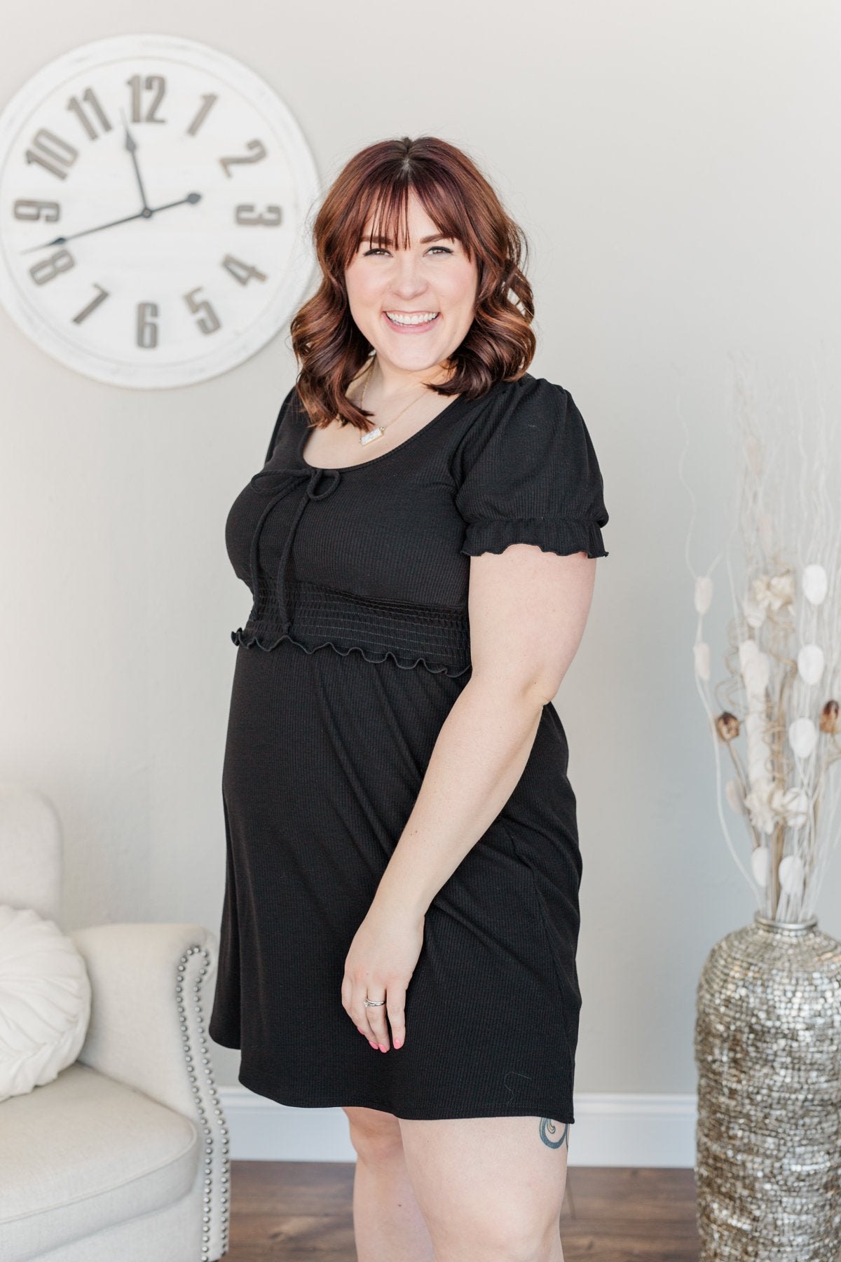 Sincere Smiles Smocked Knit Dress- Black