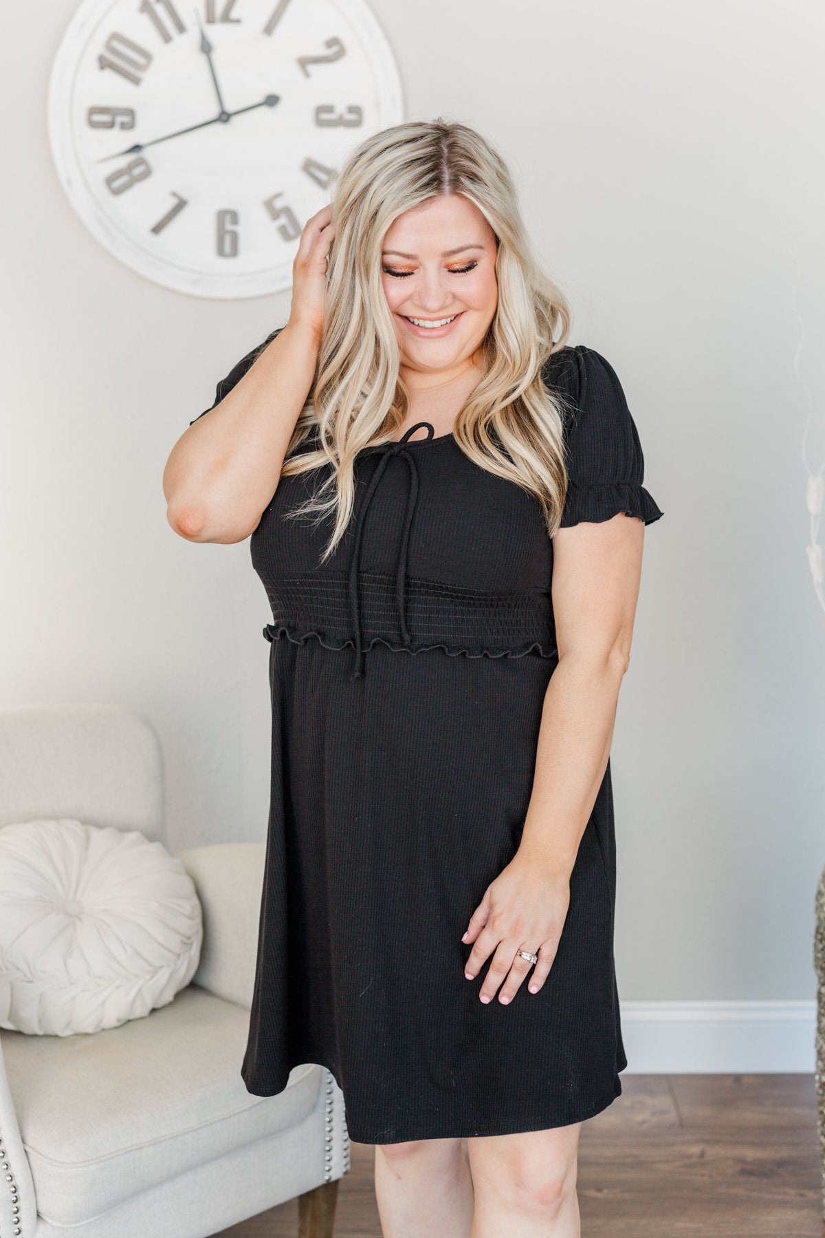 Sincere Smiles Smocked Knit Dress- Black