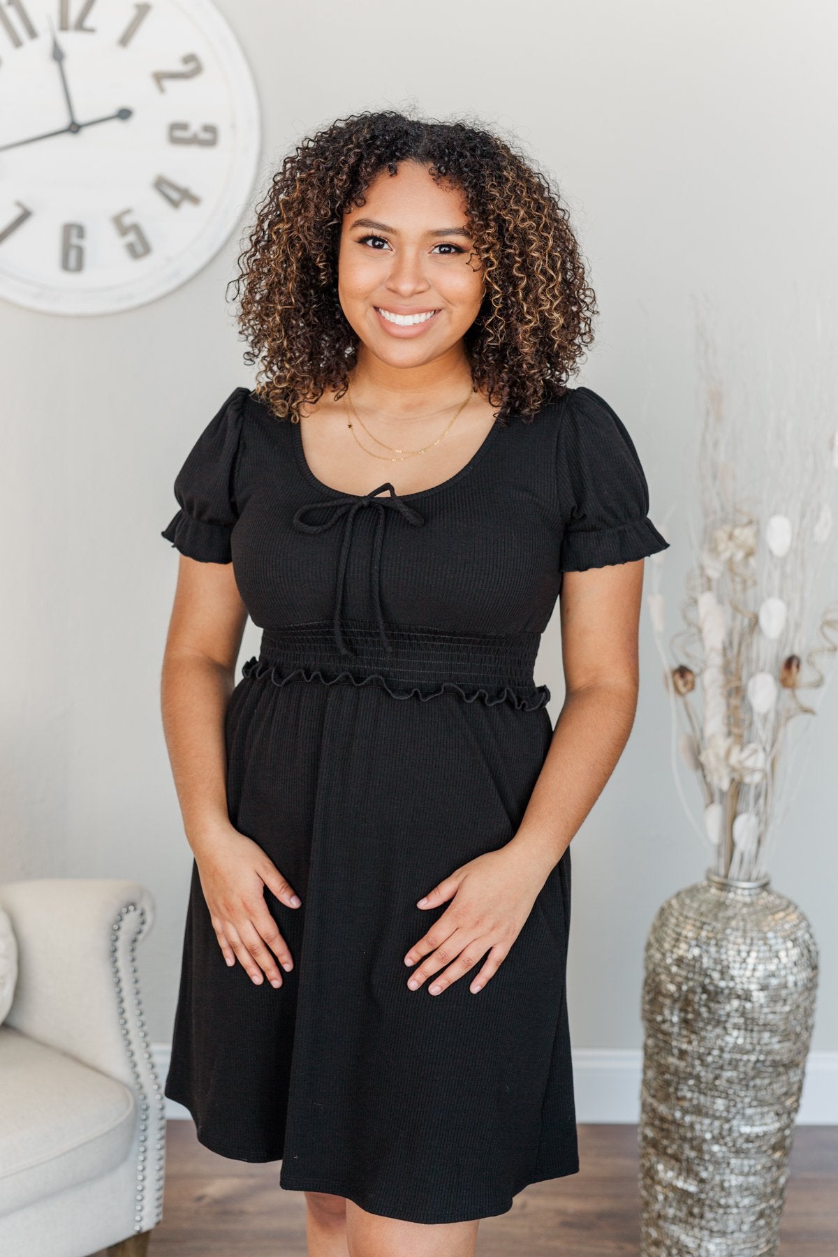 Sincere Smiles Smocked Knit Dress- Black