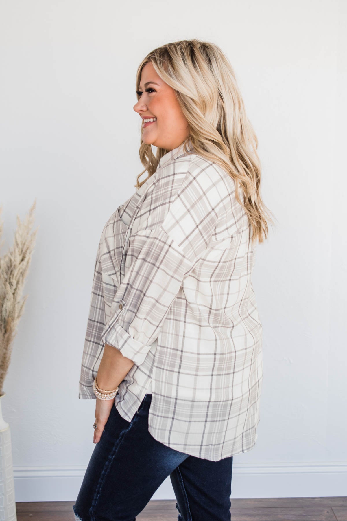 On My Way Button Plaid Top- Beige & Ivory