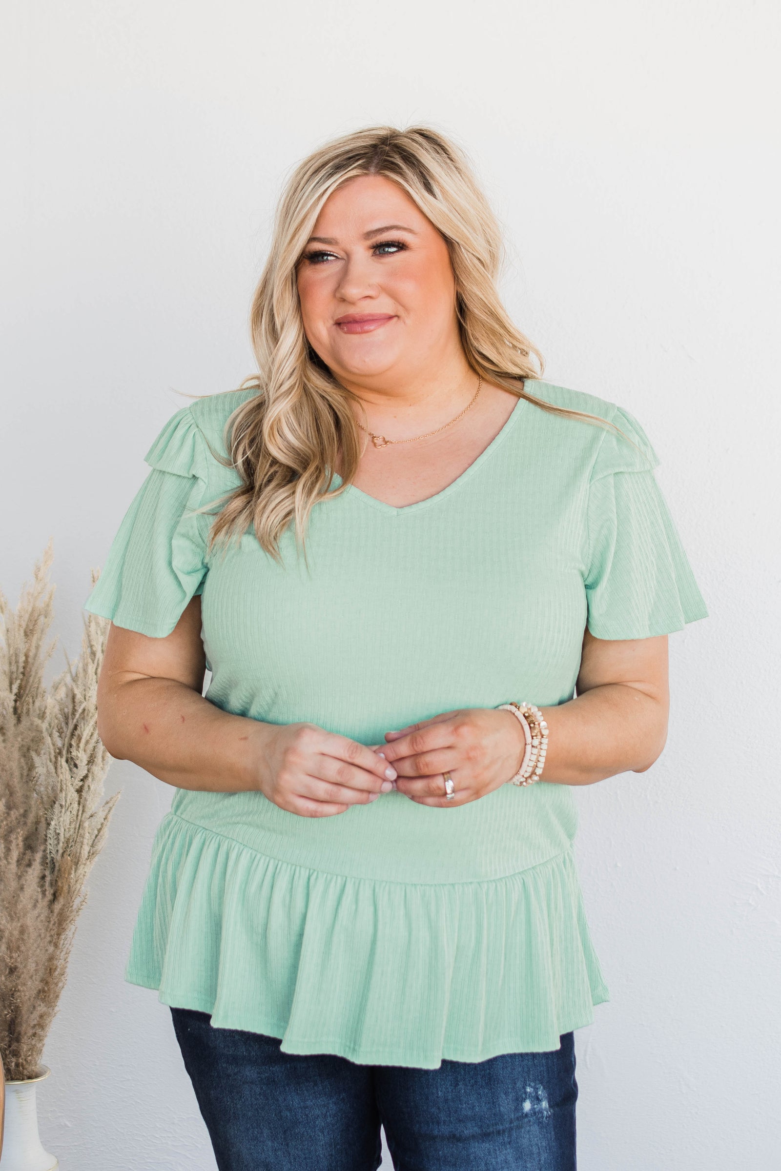 Change My Ways Ruffle Sleeve Top- Mint