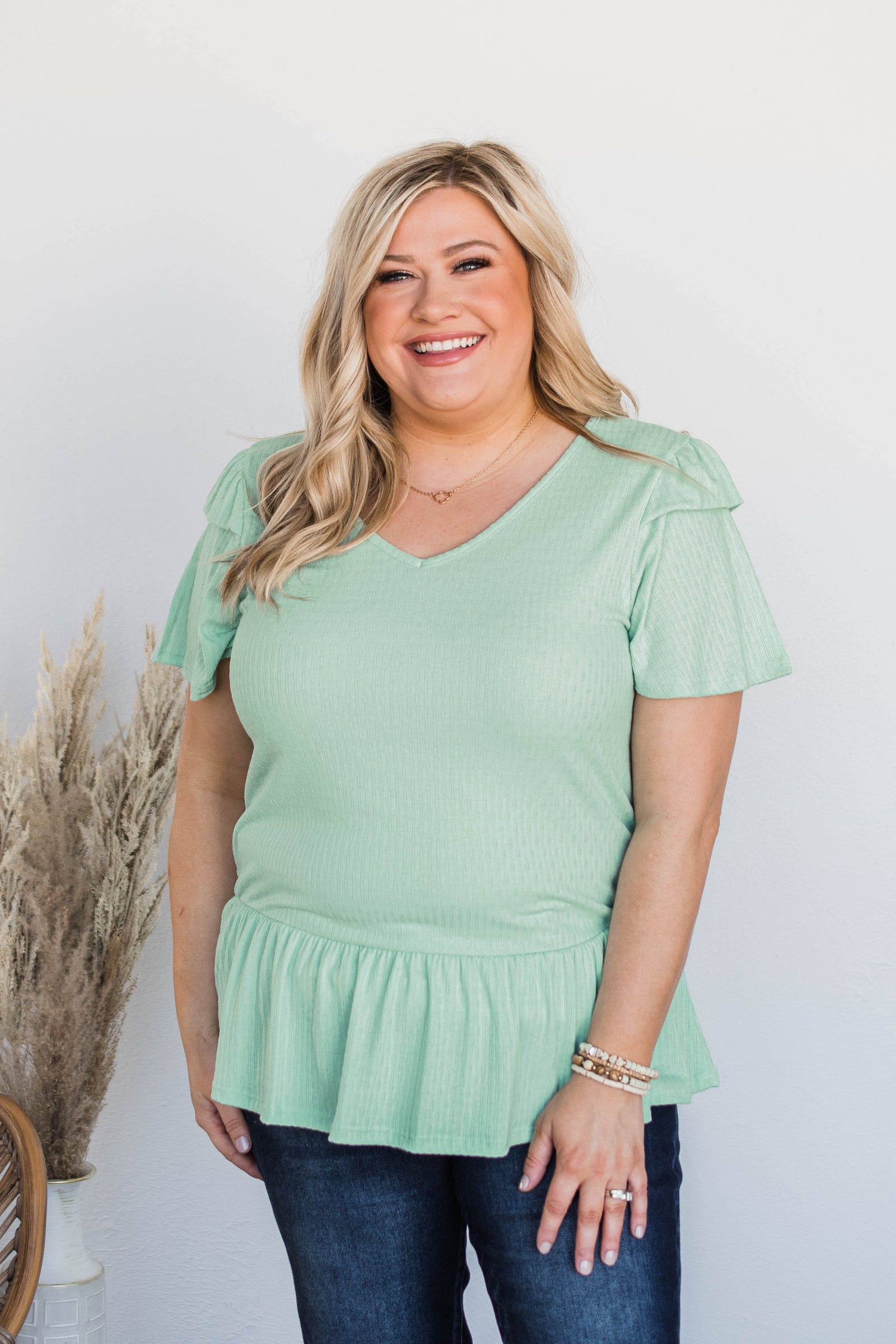 Change My Ways Ruffle Sleeve Top- Mint