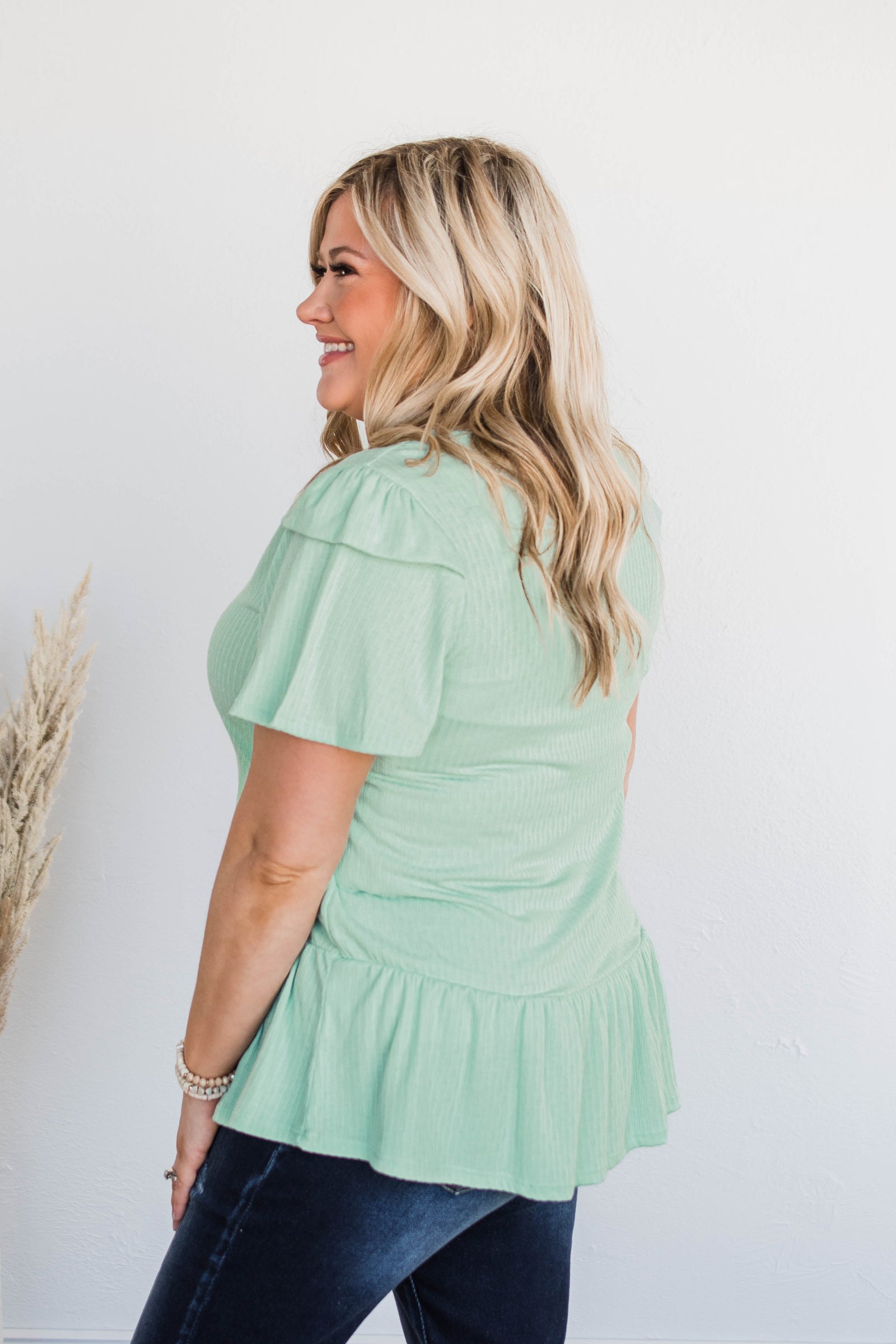 Change My Ways Ruffle Sleeve Top- Mint