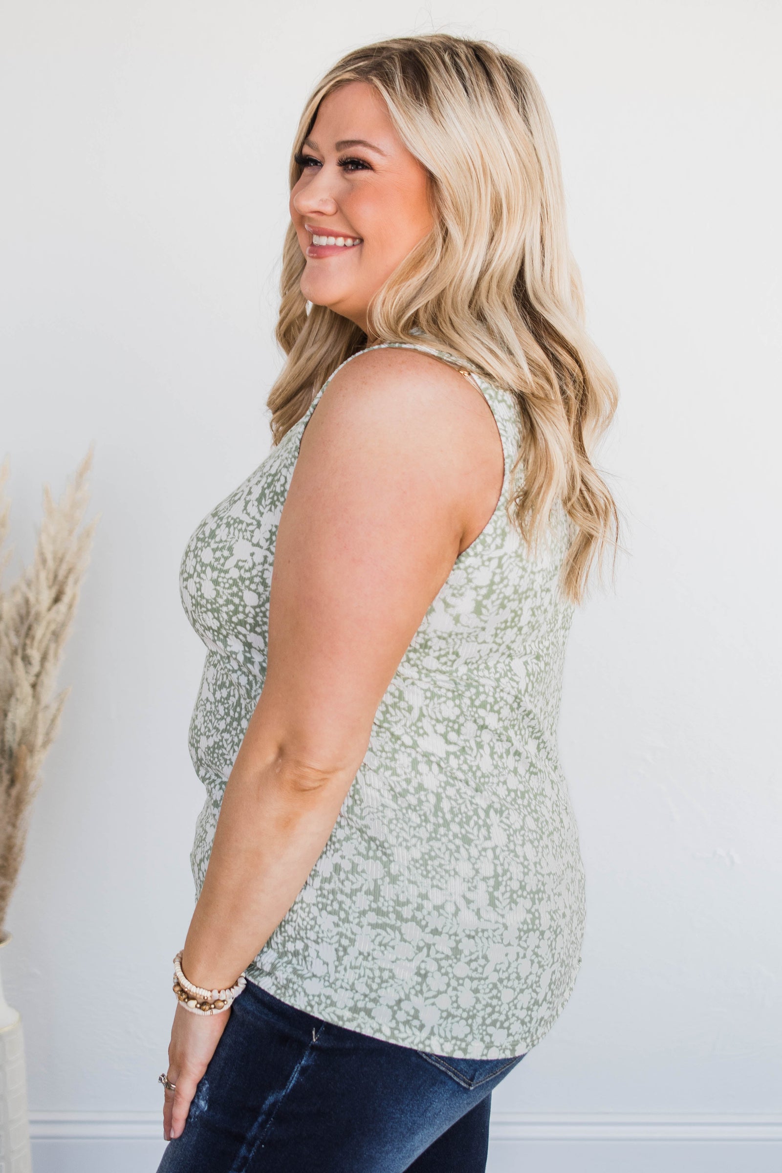 Beautiful World Front Tie Floral Tank- Sage