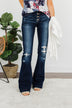 KanCan Petite Distressed Flare Jeans- Lenore Wash