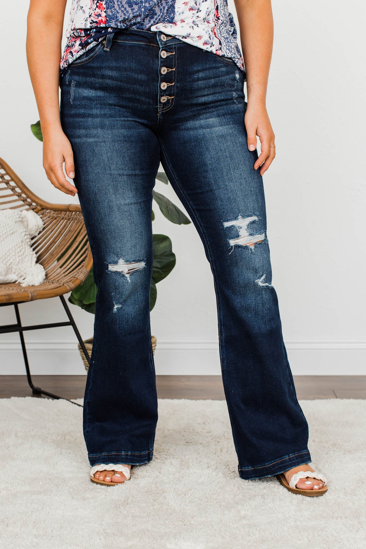 KanCan Petite Distressed Flare Jeans- Lenore Wash