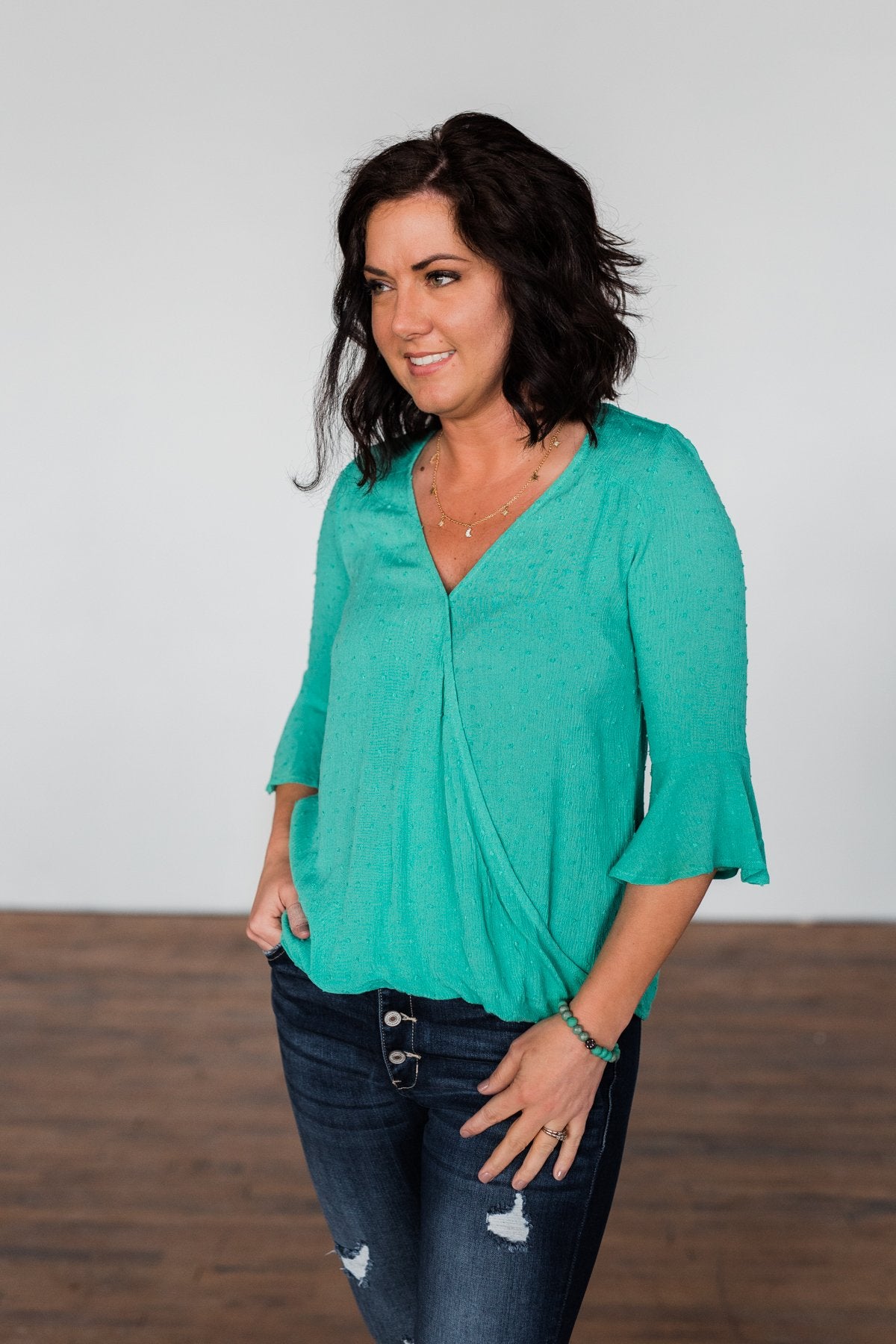 Simple Smiles V-Neck Wrap Blouse- Seafoam Green
