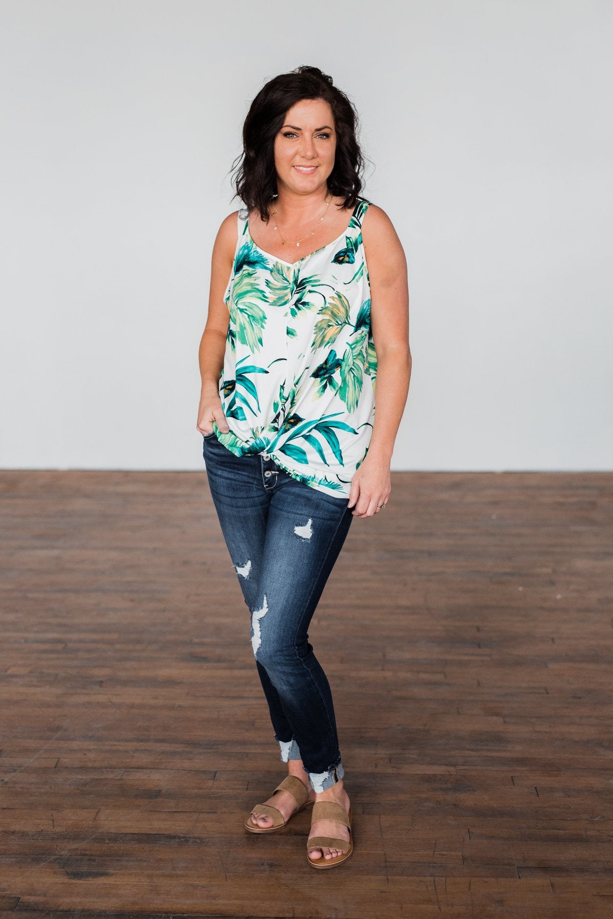 Palm Tree Breeze Front Knot Tank Top- Off White