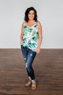 Palm Tree Breeze Front Knot Tank Top- Off White