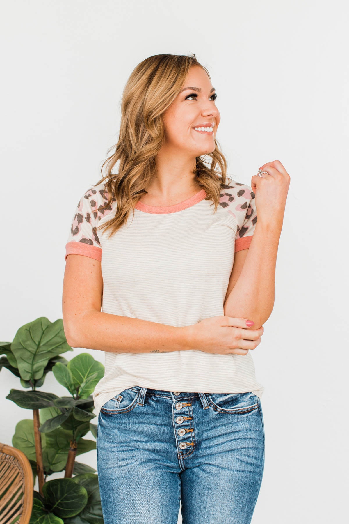 Wildly Effortless Short Sleeve Top- Beige & Pink