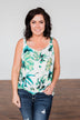 Palm Tree Breeze Front Knot Tank Top- Off White