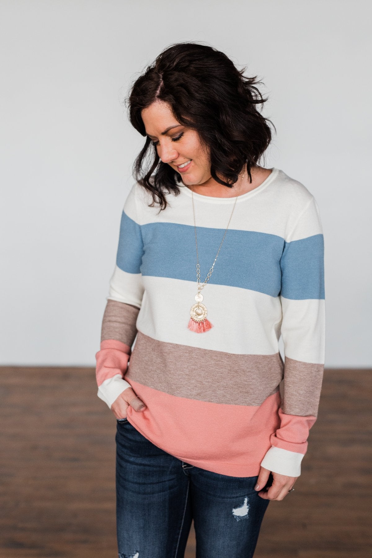 Here She Comes Sweater Mauve Mocha Denim Blue The Pulse Boutique