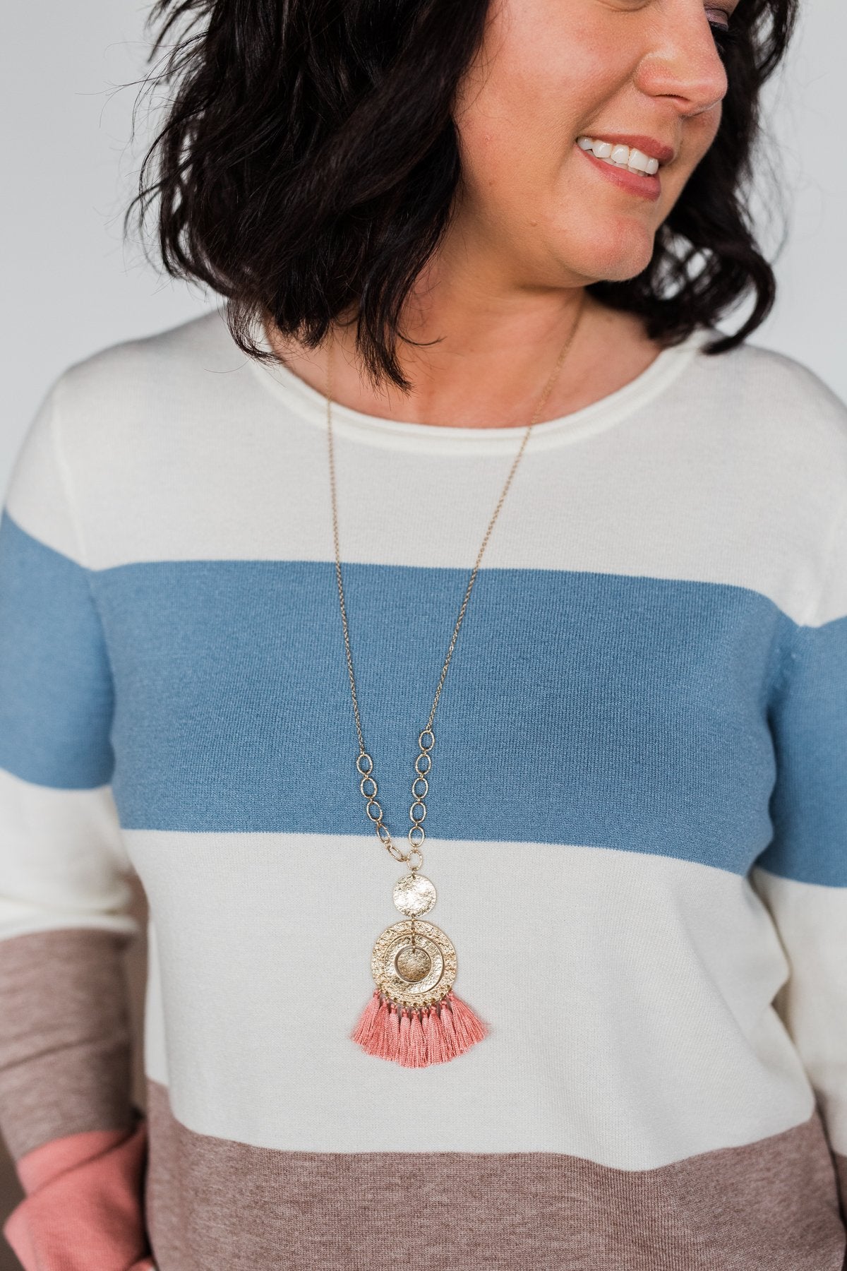 Round Pendant & Tassel Gold Necklace- Mauve